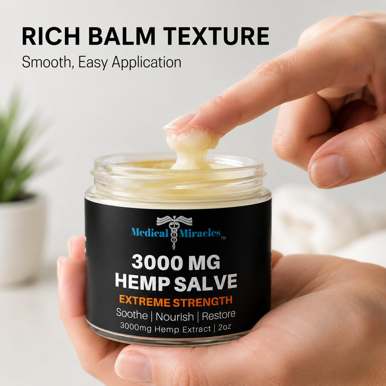 Medical Miracles hemp salve jar showing 3000 MG maximum strength formula for hips, joints, neck, and back pain relief.