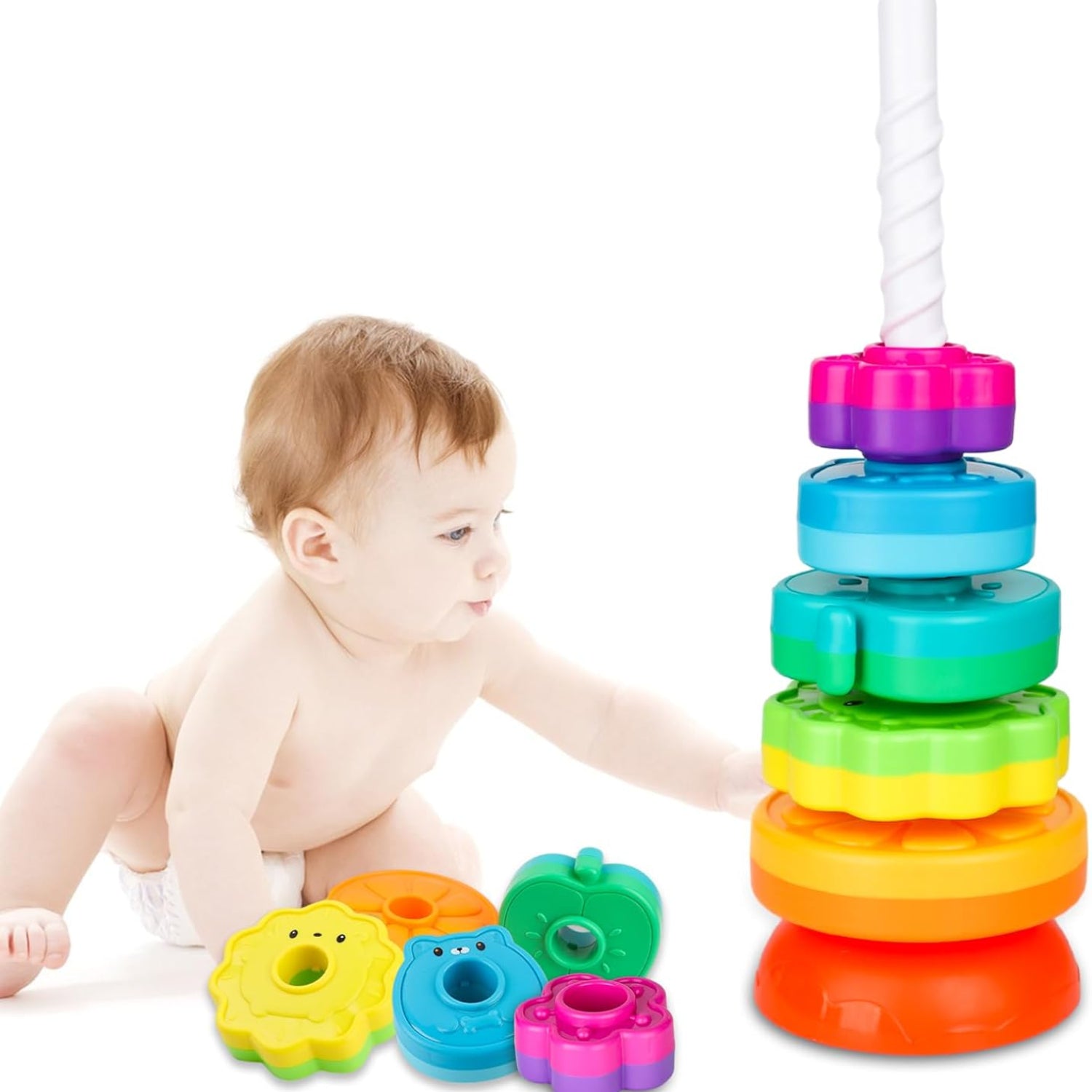 LBAIBB spinning stacking toy for toddlers, sensory toy with colorful rings, designed for children aged 1-3.