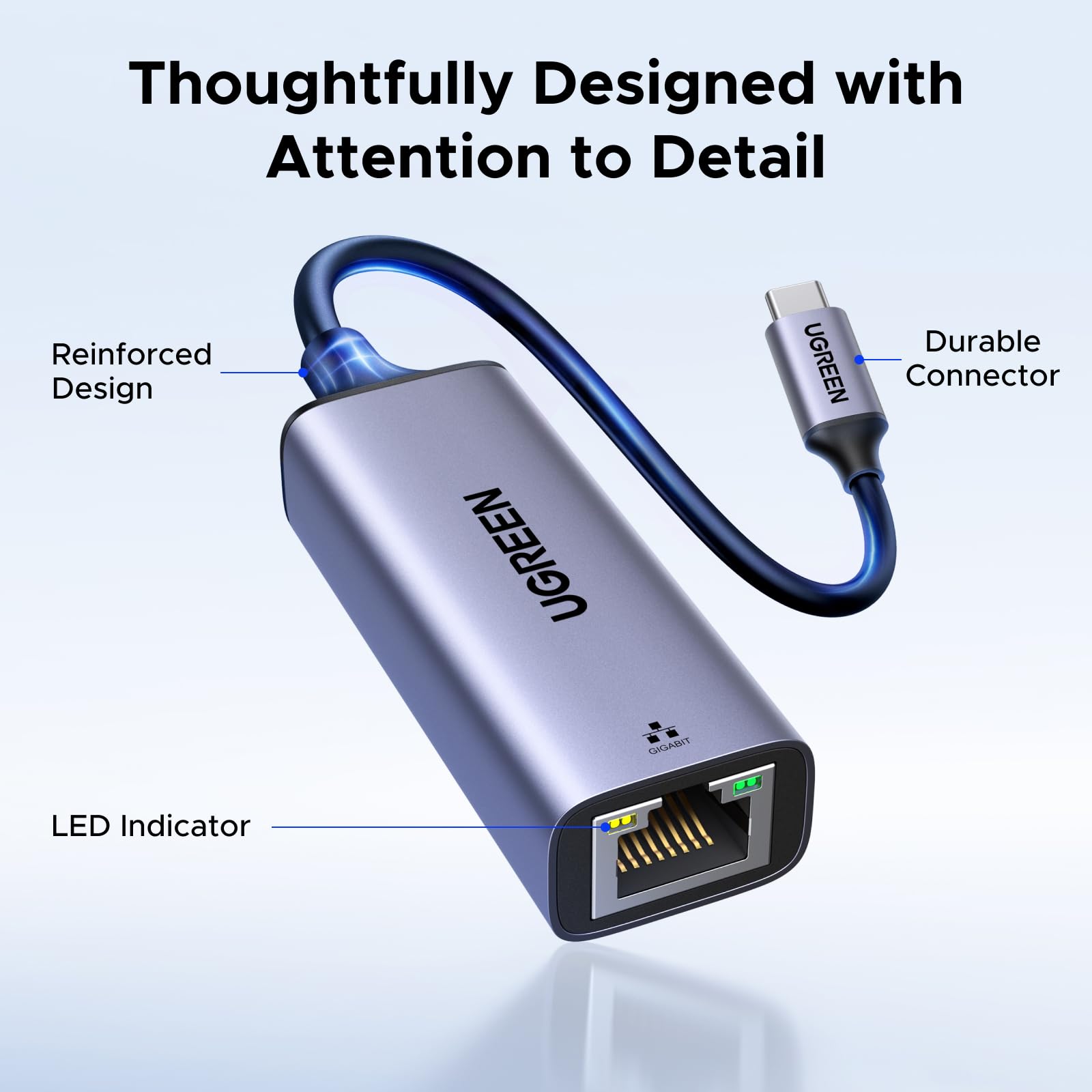 UGREEN USB-C to Ethernet adapter in aluminum, showing a compact network interface controller with 1Gbps speed.