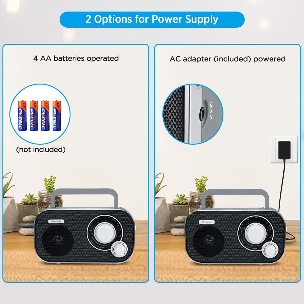 DreamSky AM FM portable radio with plug-in wall or battery operation, suitable for home and outdoor use, shown with control knobs.