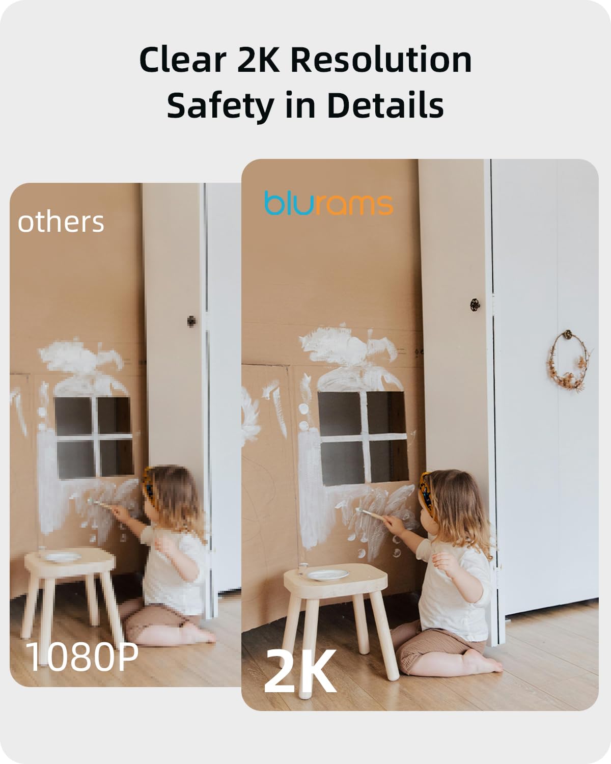 Blurams 2K security camera with 360-degree view, IR night vision, two-way audio, and smart motion tracking for home security.