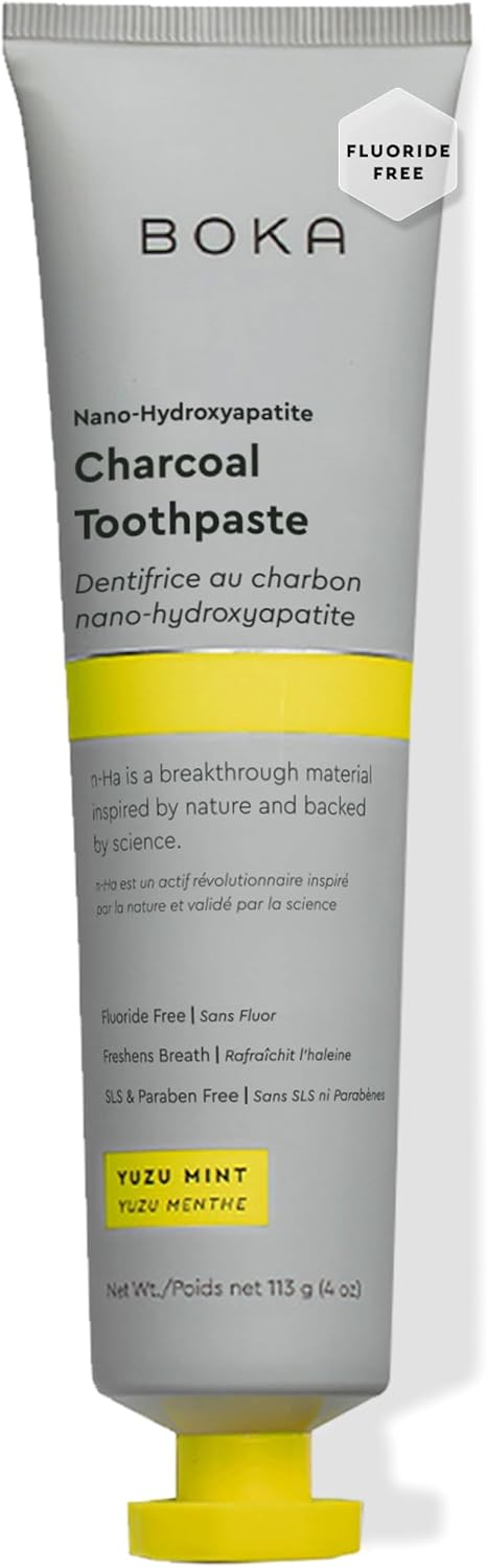 Boka fluoride-free nano hydroxyapatite toothpaste for sensitive teeth, showing the tube with mint flavor label and packaging.