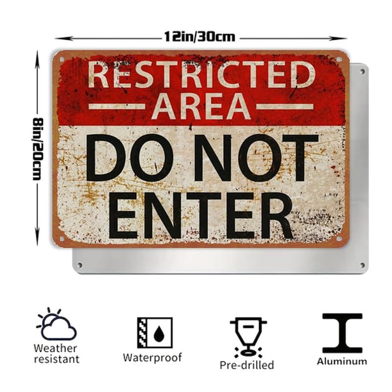 Vintage Restricted Area Do Not Enter Print Metal Sign 8x12 Inch - Product Imagery
