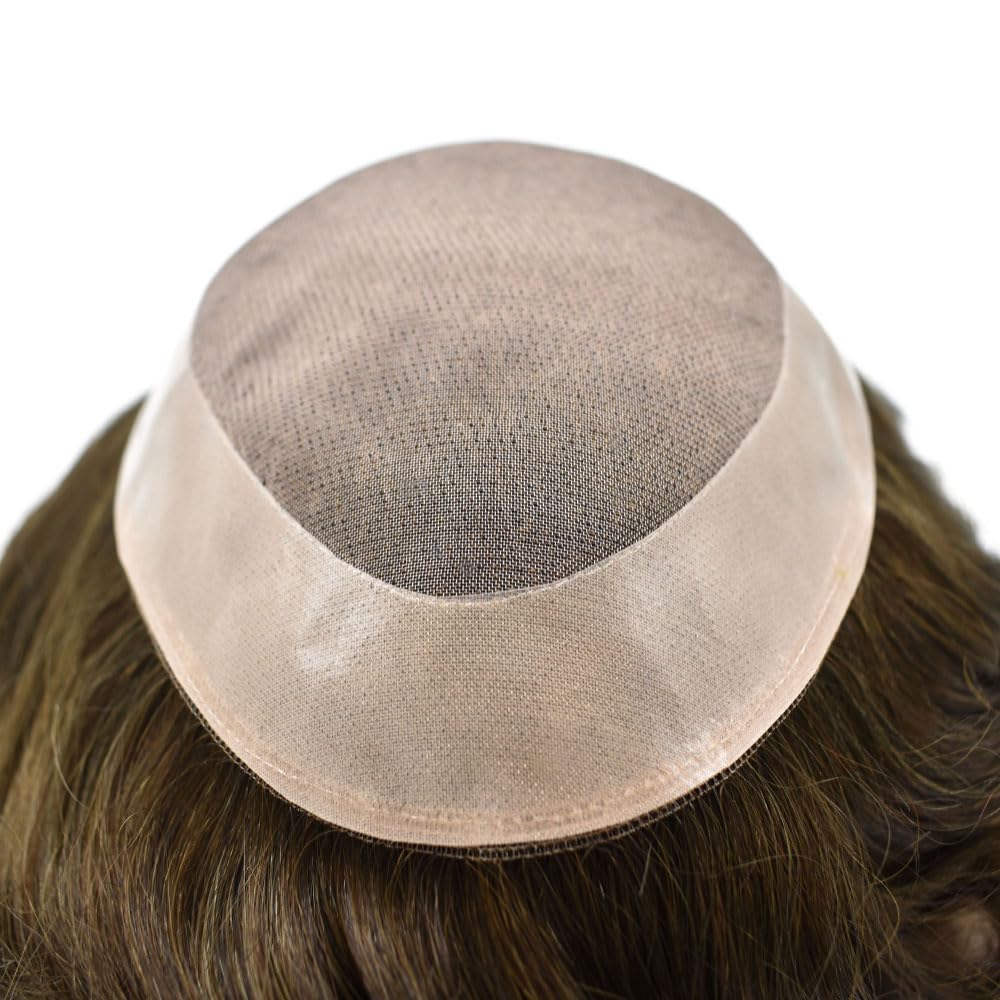 Curve Hair Mens Toupee Human Hair Piece Replacement System Monofilament Wig Hair Unit for Men Durable Poly Coated Mens Hairpiece (#4ASH Medium Ash Brown, 7"X9")