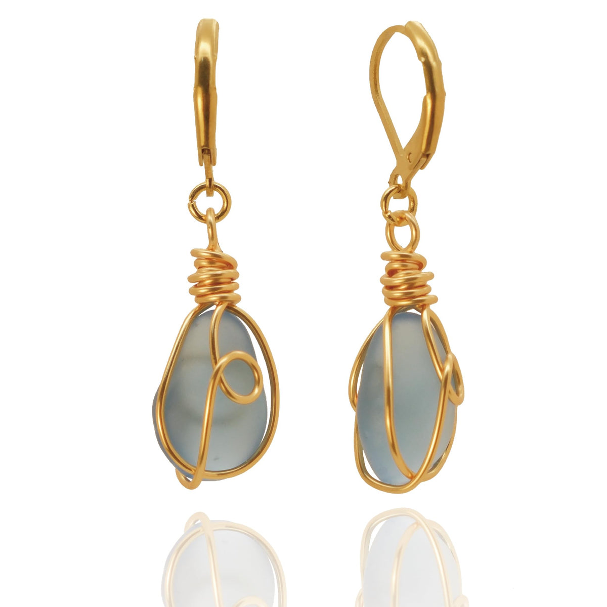 Handmade Sea Glass Wire Wrap Drop Earrings Jewelry Beach - PEPELUALI Official Imagery - 1