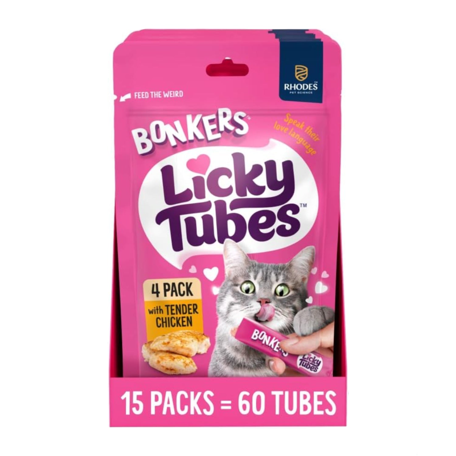 Bonkers Licky Tubes wet chicken flavor cat treats with real meat, showing the treat tubes and packaging for cats.