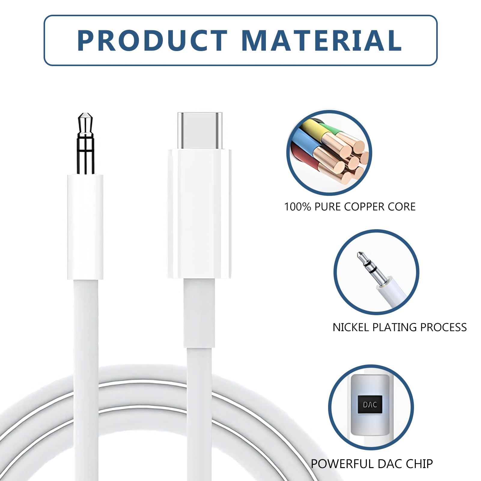 Seulliya USB C to 3.5mm audio aux cable, 3.3 ft stereo headphone cord for iPhone, Samsung Galaxy, and Android devices in white.