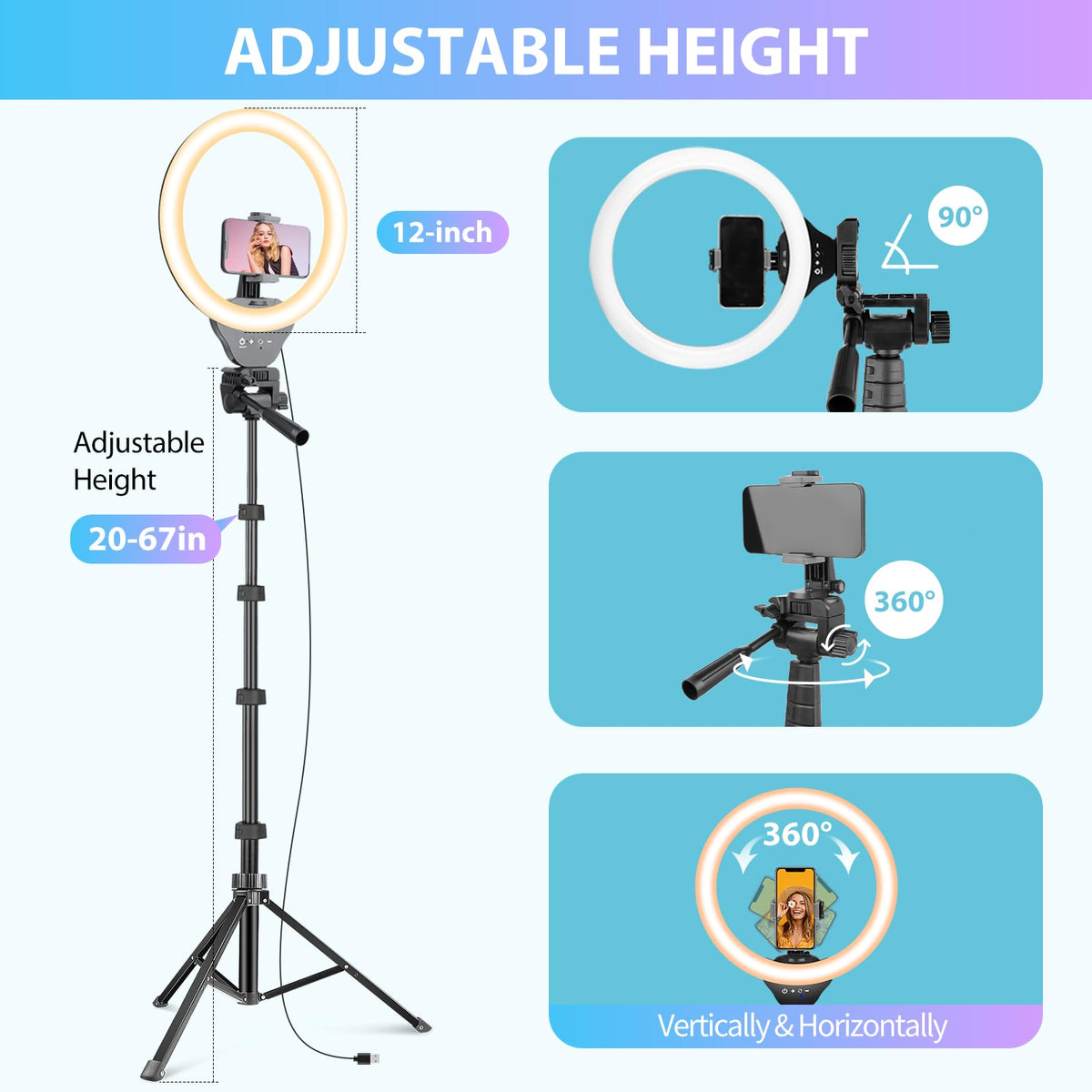Sensyne 12 inch Ring Light with 67 inch Selfie Stick Tripod - SENSYNE Official Imagery - 7