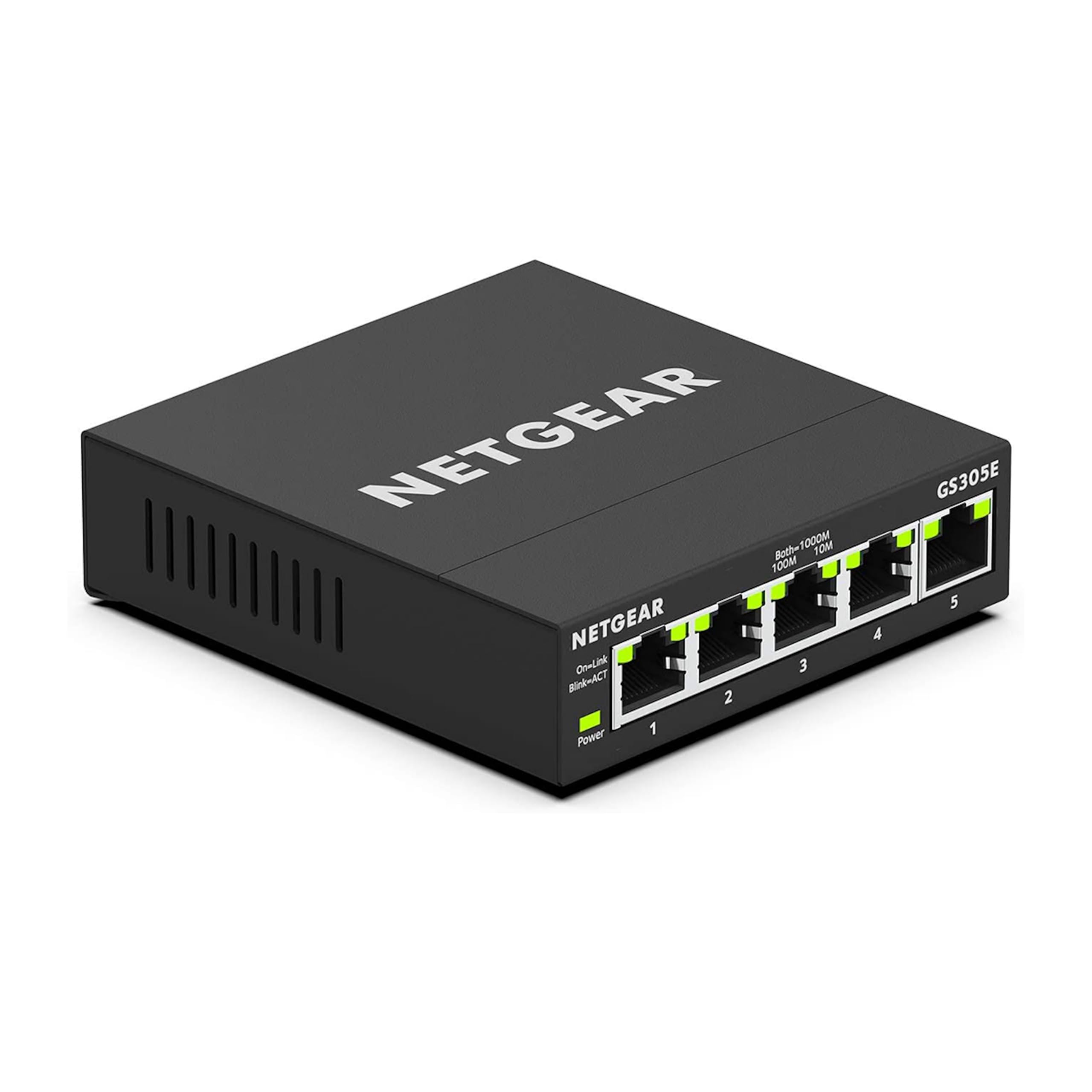 NETGEAR 5-port Gigabit Ethernet smart managed network switch with LED indicators and compact design.