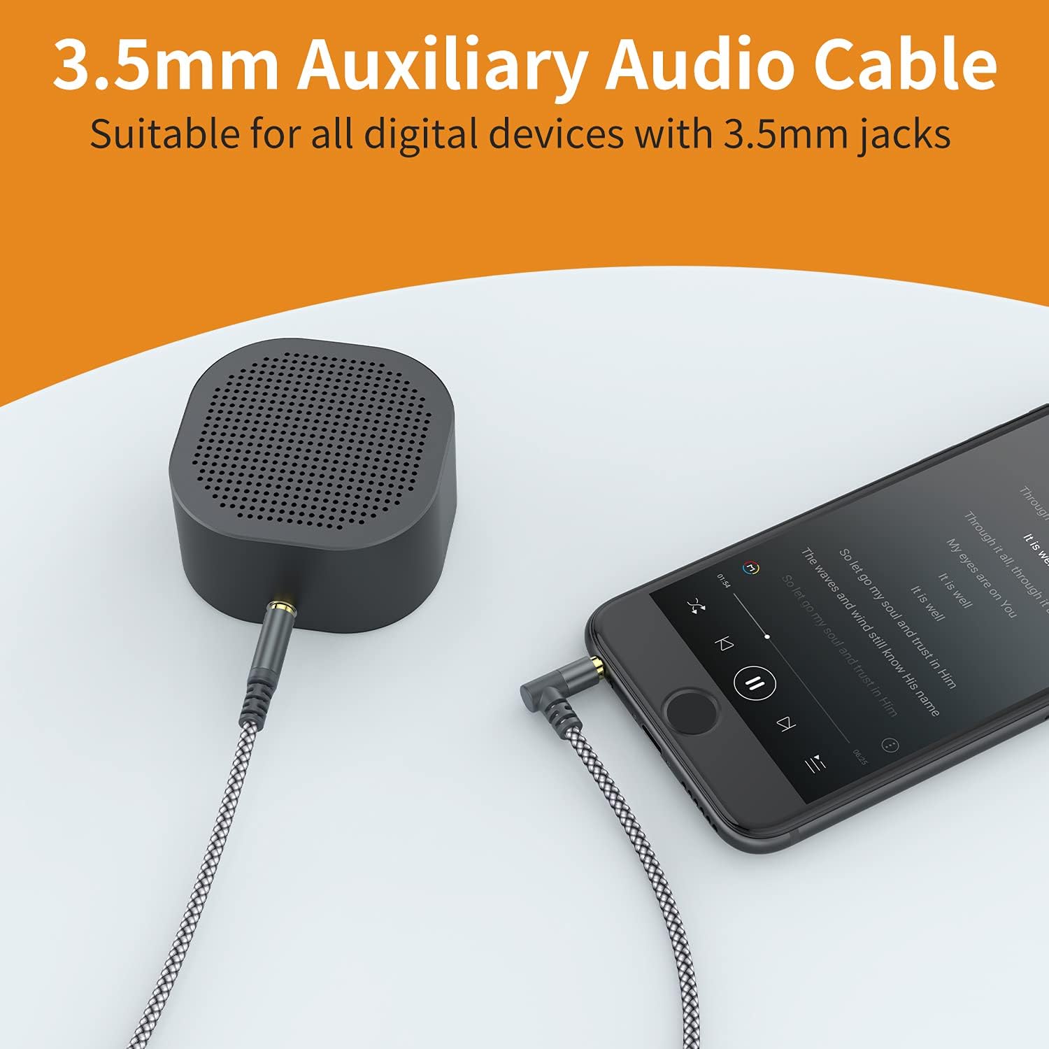 MCSPER 2-pack 6.6ft TRS auxiliary cables with 90-degree right-angle 3.5mm connectors for audio devices.