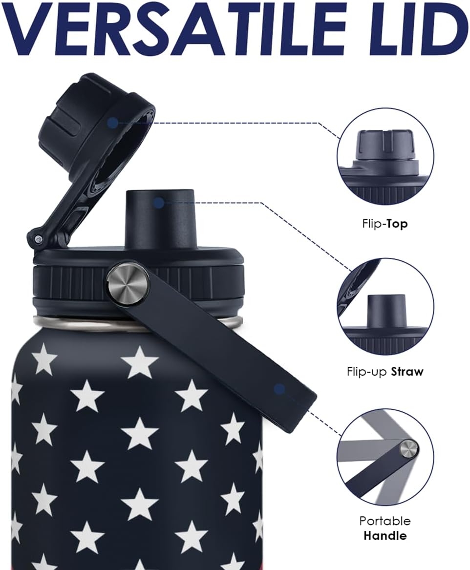 SANDJEST American flag insulated stainless steel 32oz water bottle with vacuum chug lid on a travel tumbler