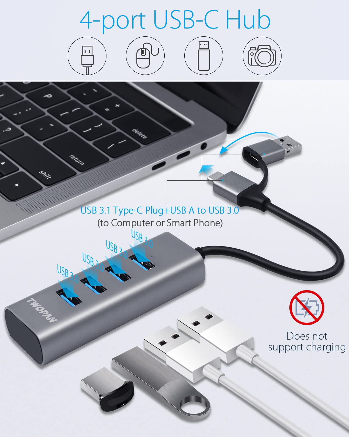 TWOPAN 4-Port USB 3.0 Hub for Laptop, Aluminum Alloy, USB-A & USB-C Plugs, 5Gbps Data Transfer, Compatible with MacBook Pro/Air, iMac, iPhone 16/15, Desktops, Tablets, Keyboard, Mouse, Mobile HDD