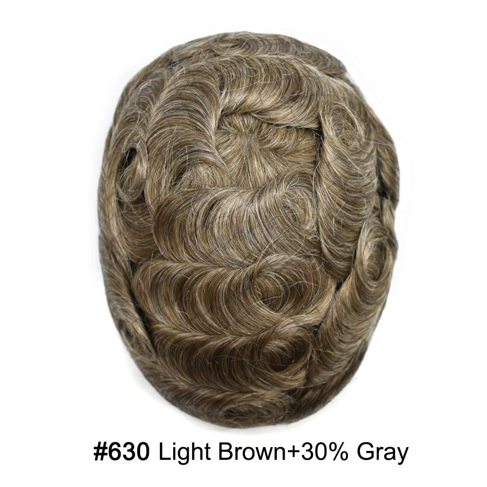 Curve Hair Mens Toupee Human Hair Piece Replacement System Monofilament Wig Hair Unit for Men Durable Poly Coated Mens Hairpiece (#630 Light Brown+30% Gray, 6"X9")