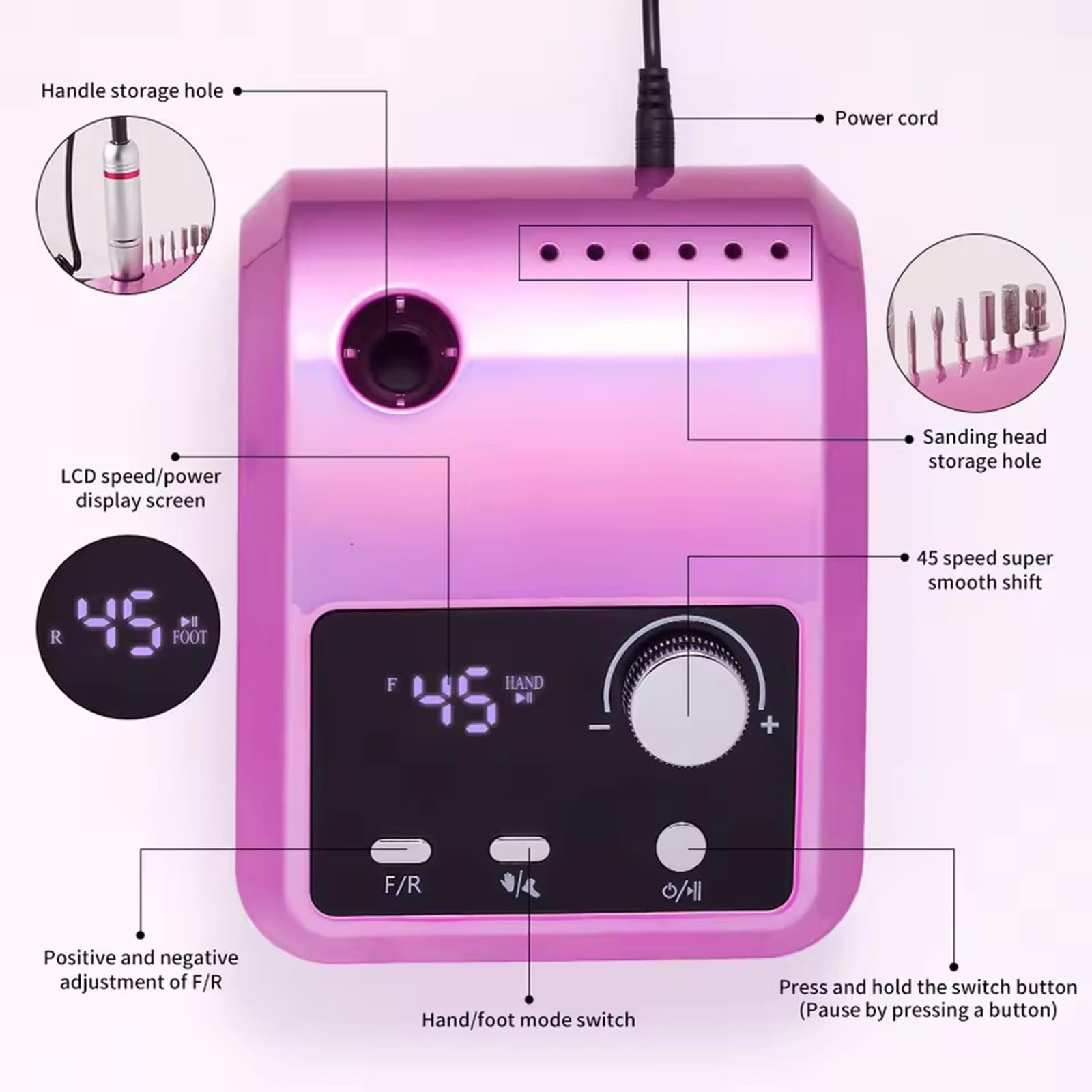 Multifunctional Desktop Nail Drill with Foot Pedal 45000RPM E-File with Bit