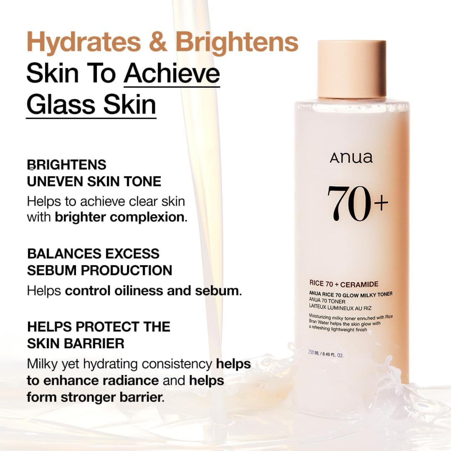 ANUA Rice 70 Glow Milky Toner in a clear bottle, promoting dewy, hydrated skin with a glass-like finish and barrier care benefits.