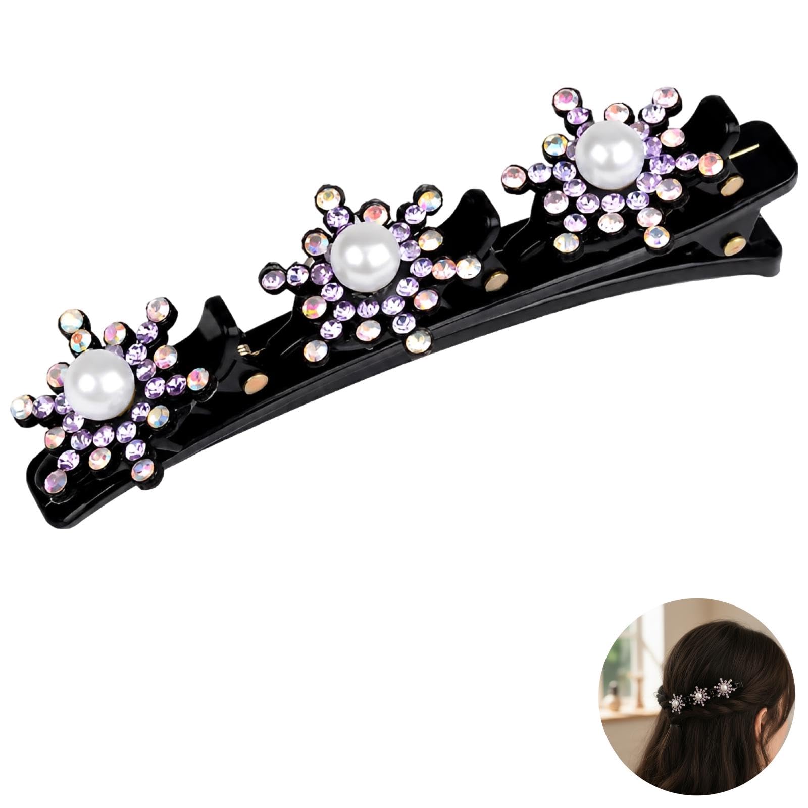 5 Pcs Crystal Stone Clips for Women, Purple Sparkling Hair Accessory with Snowflake Pearl Rhinestones, Double Layer Braided Hair Clips for Styling, Barrettes for Daily Use, Work and Parties