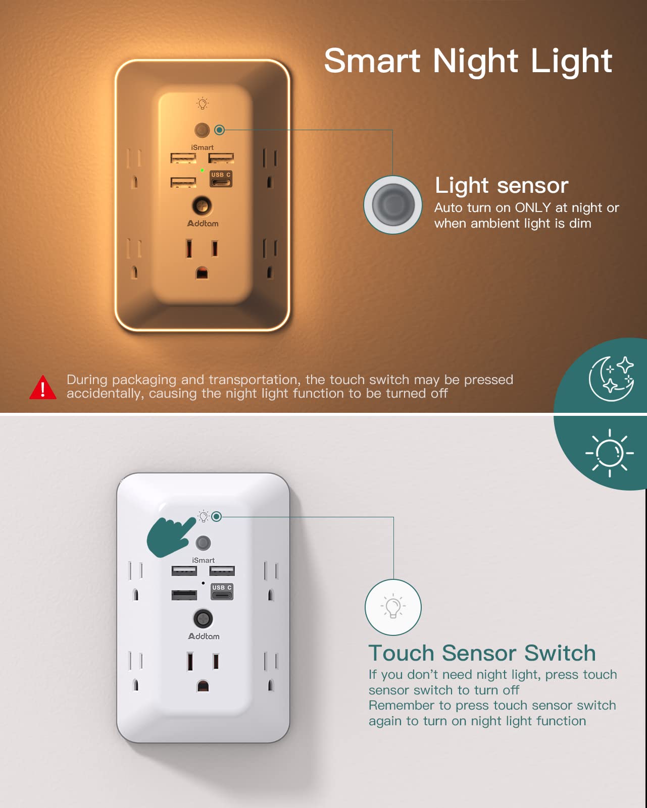Addtam Surge Protector, 5 Outlet Extender with Night Light and 4 USB Ports - Addtam Official Product View 3