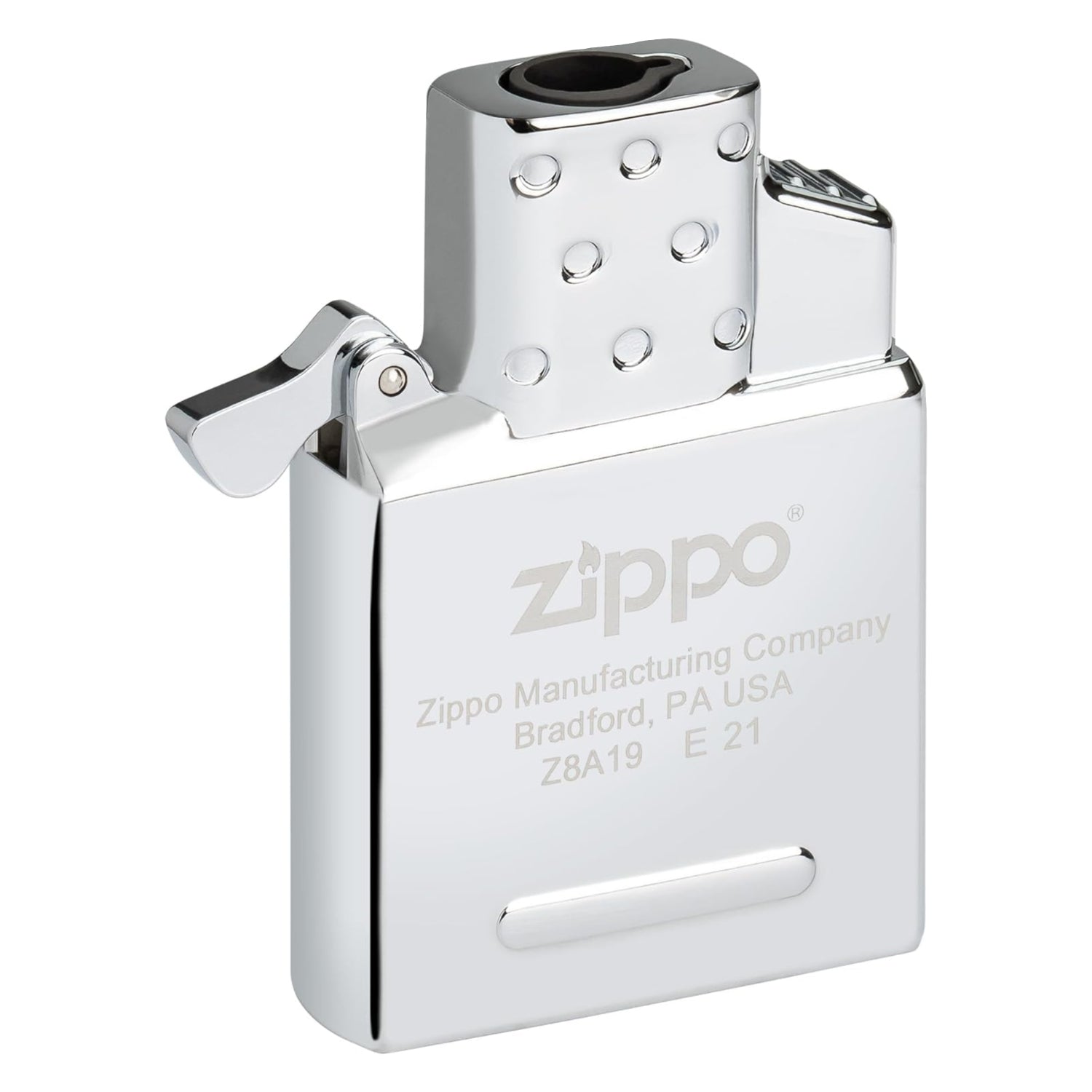 Zippo Single Torch Butane Lighter Insert showing compact design and ignition mechanism for easy refilling and lighting.