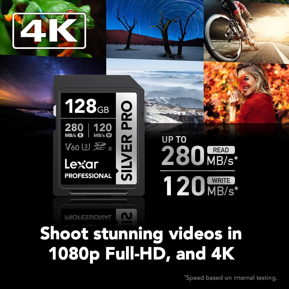 Lexar 128GB Professional SILVER PRO SD Card with UHS-II, C10, U3, V60 for high-speed Full HD recording