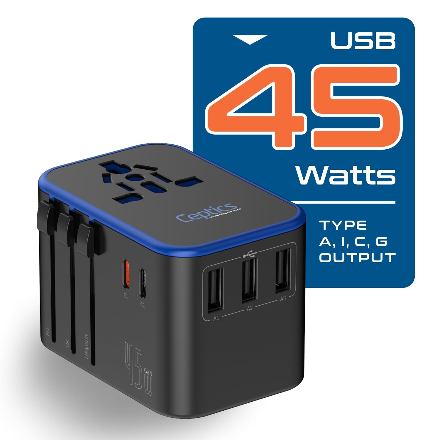 Ceptics 45W Universal Travel Adapter w/ 3 USB-A, 2 USB-C & Univer by Ceptics - Angle View 7