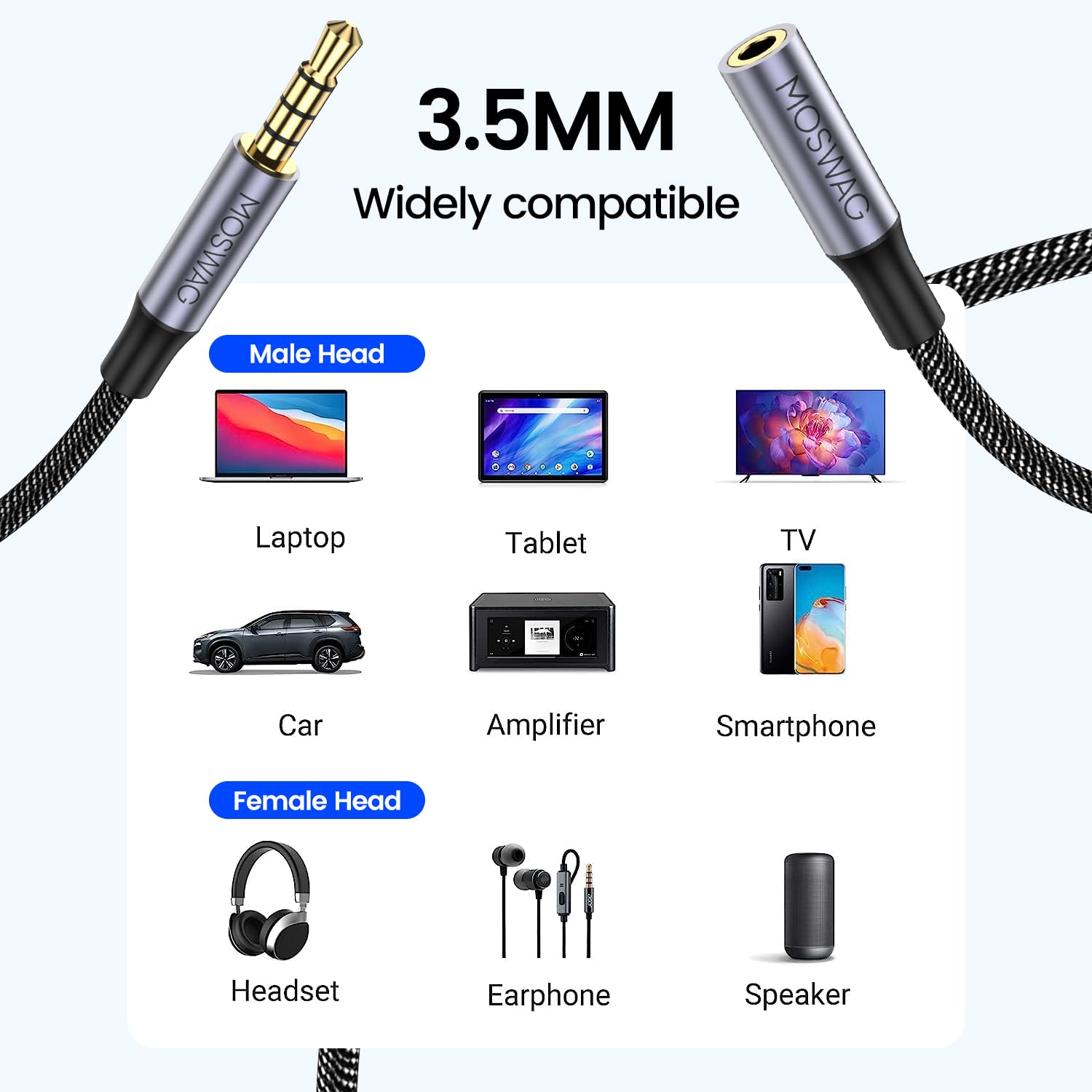 MOSWAG 6.6FT 3.5mm Male to Female Extension Cable with Microphone by MOSWAG - Angle View 3