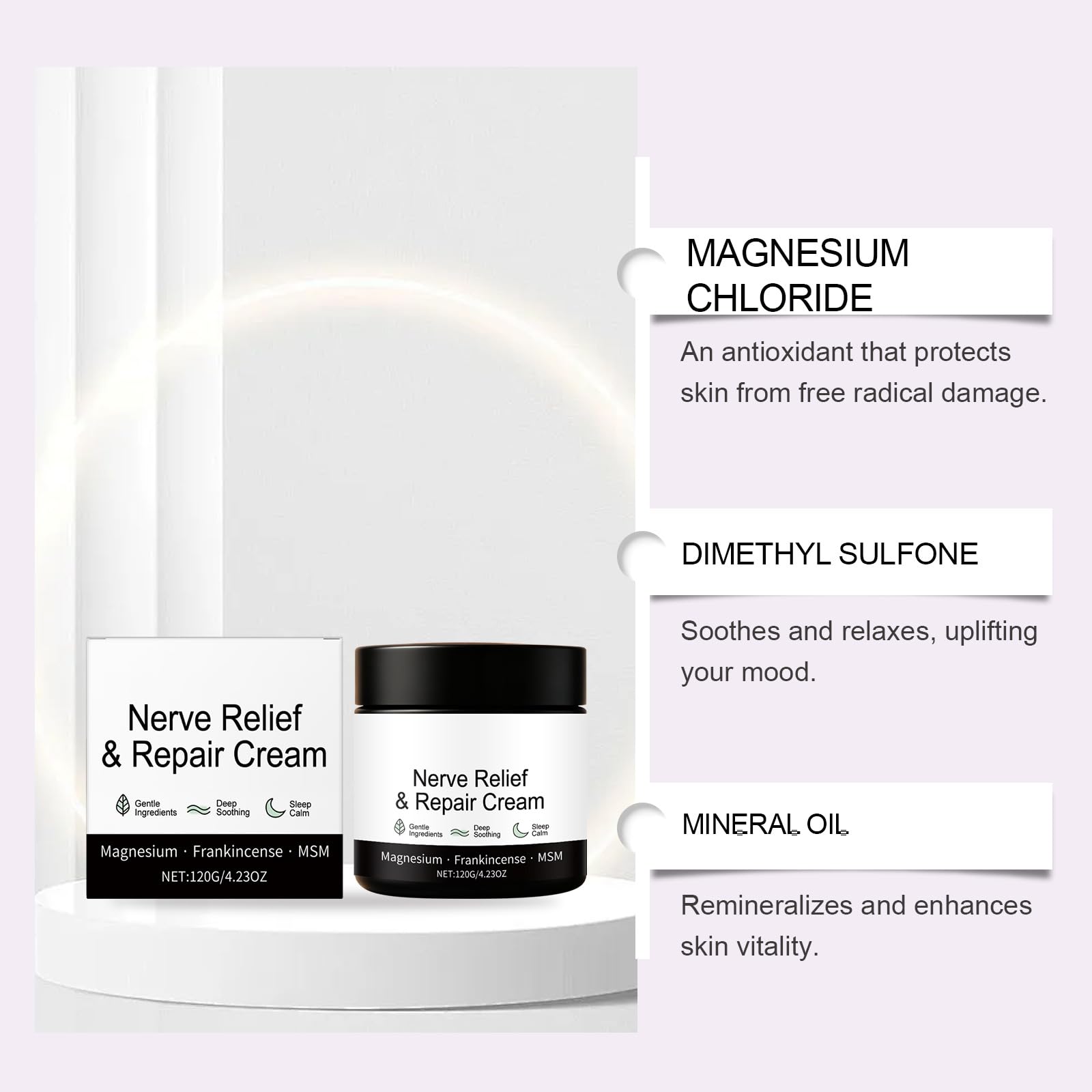 Cream container labeled Nerve Cream Neuropathy Lotion with arnica and magnesium, 4oz, for skin moisturizing and nerve support.