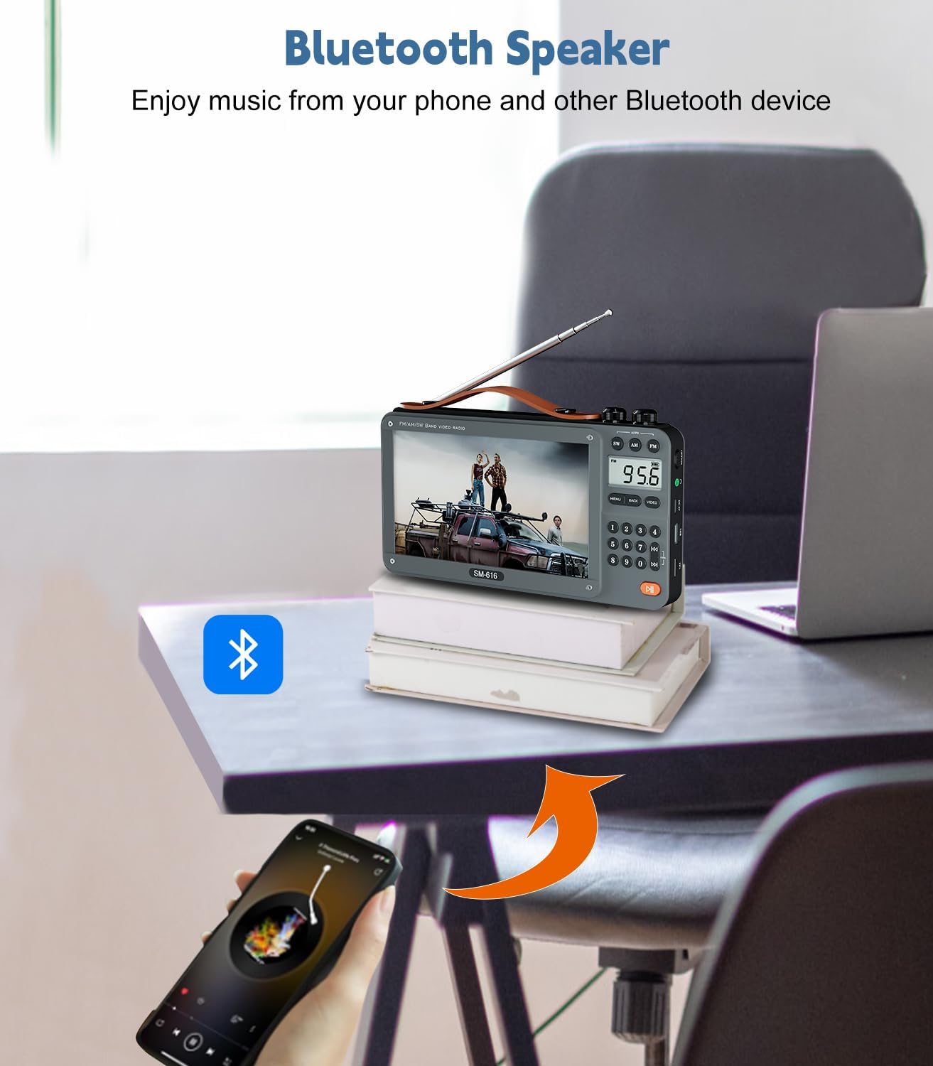 ONGTEED 720P 7-inch screen AM FM radio with Bluetooth speaker, rechargeable video and music player in a compact device