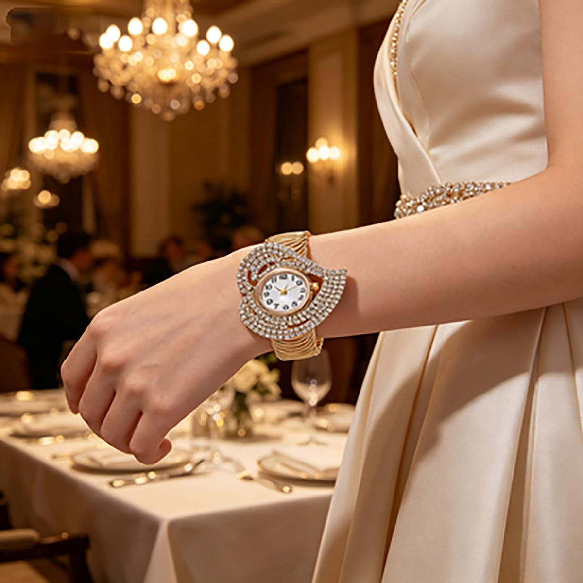 Women s Heart Shaped Crystal Bracelet Watch Gold Toned Cuffs - VILKFY Official Imagery - 4