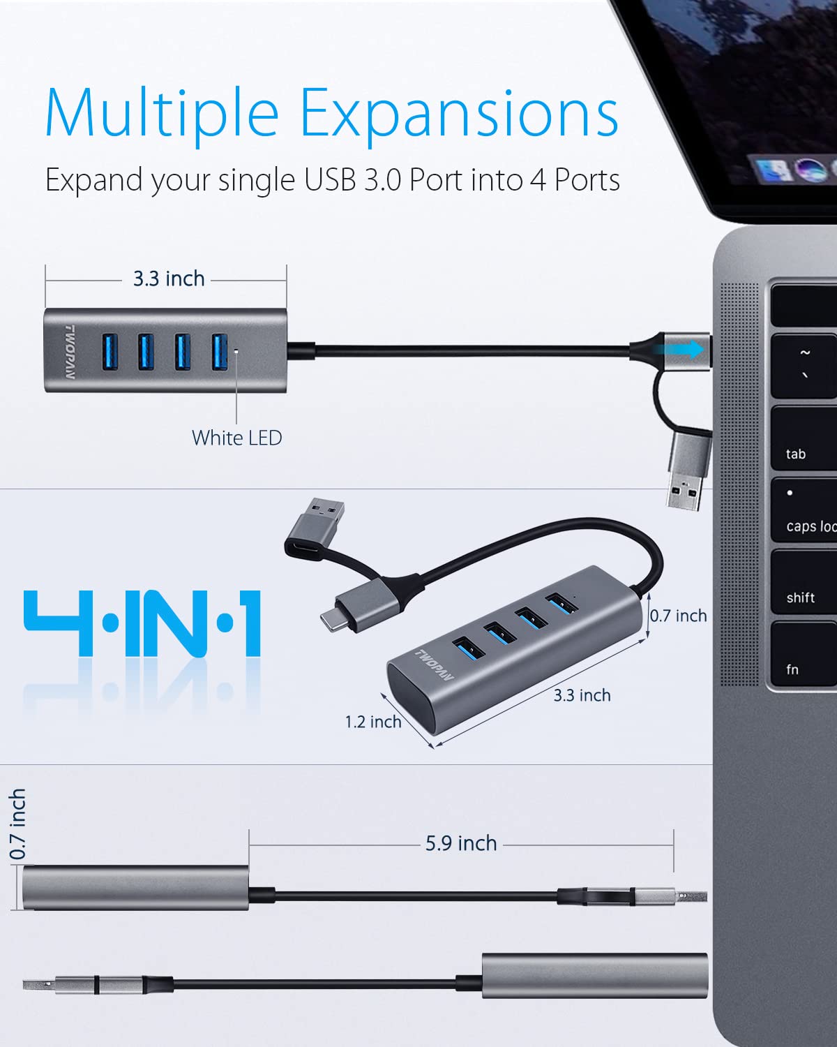 TWOPAN 4-Port USB 3.0 Hub for Laptop, Aluminum Alloy, USB-A & USB-C Plugs, 5Gbps Data Transfer, Compatible with MacBook Pro/Air, iMac, iPhone 16/15, Desktops, Tablets, Keyboard, Mouse, Mobile HDD