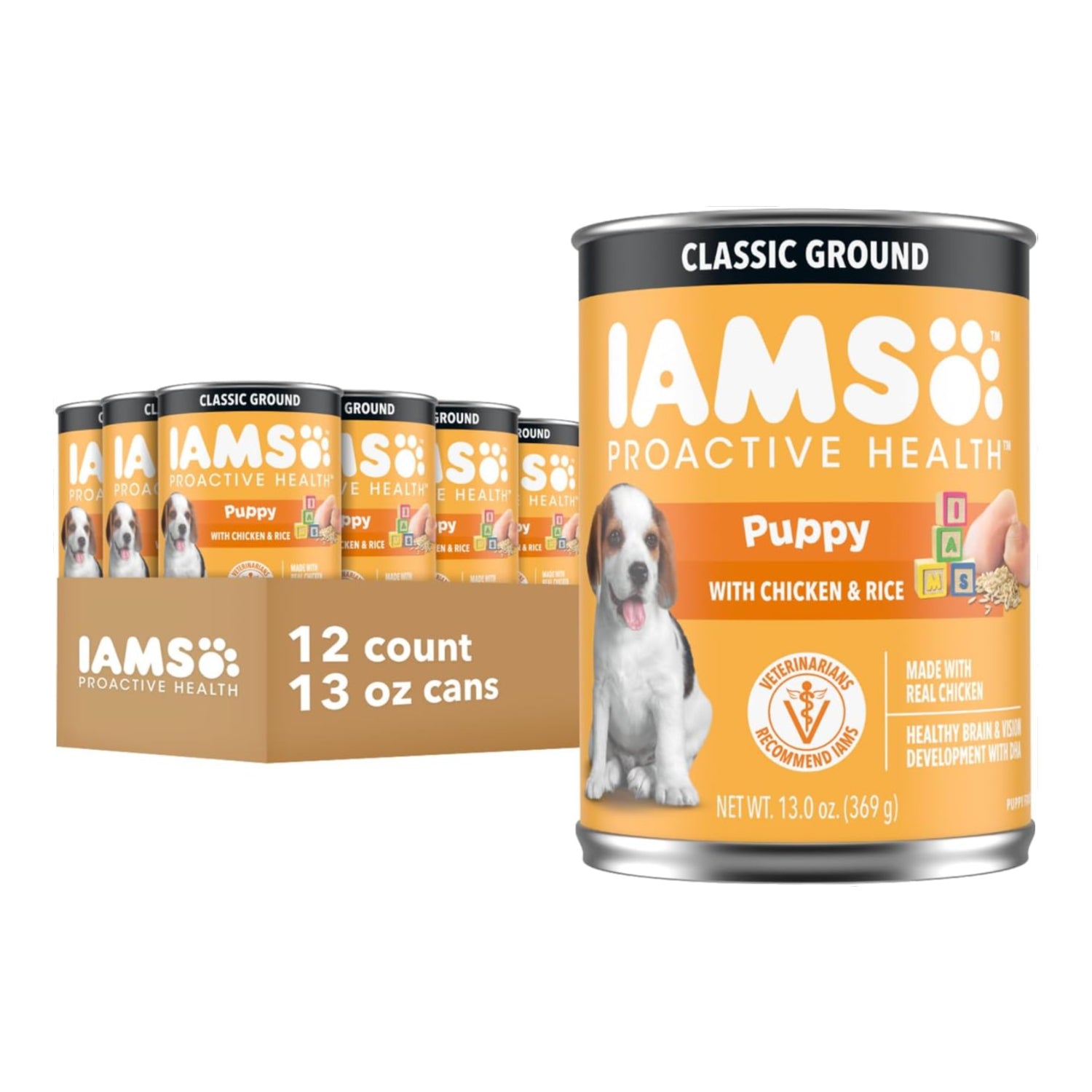 IAMS Proactive Health puppy wet dog food in classic ground formula, 12-pack of moist dog food for puppies.