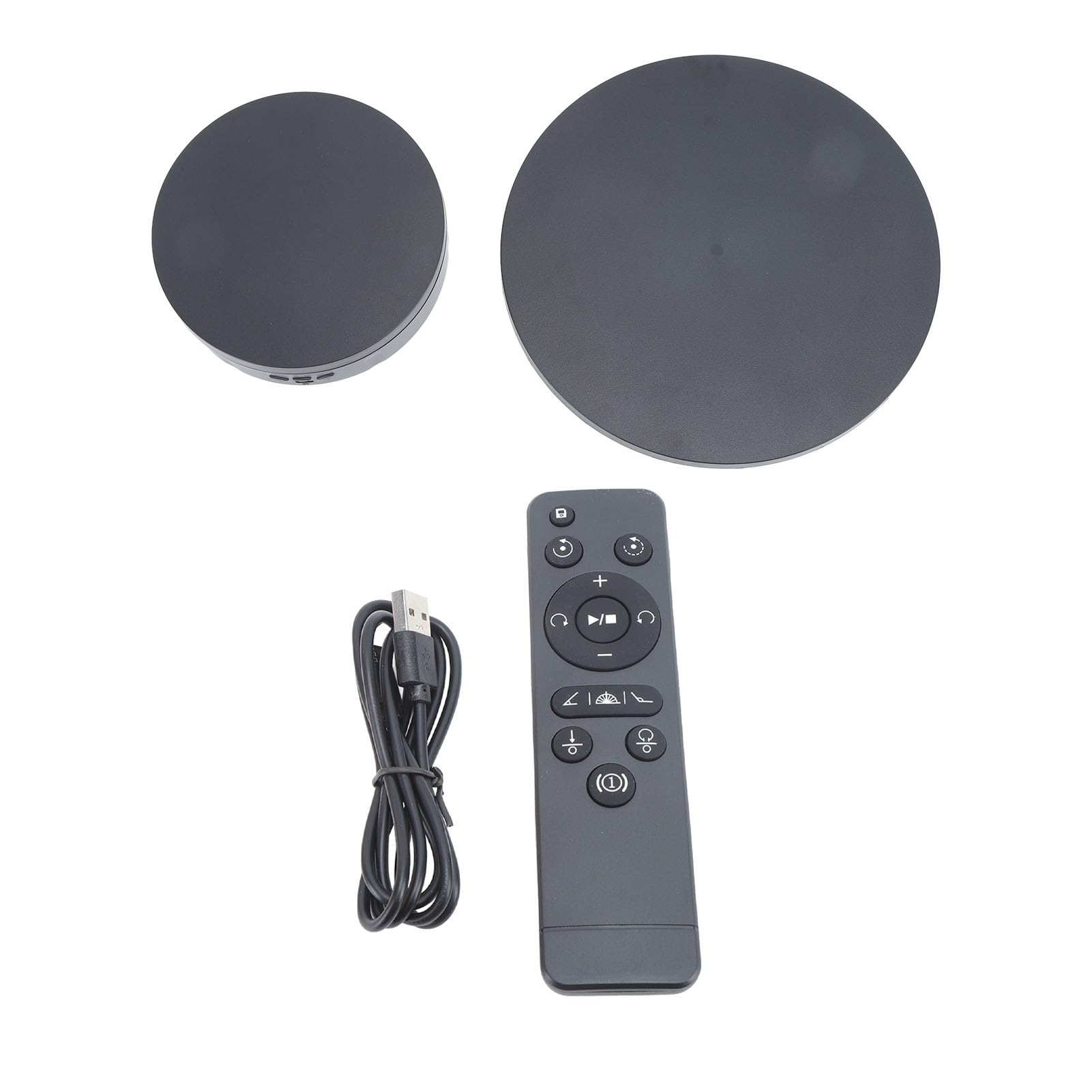 Black electric rotating jewelry display tray with remote control, 360-degree spin, 3 speed settings, ideal for live streaming or photography.