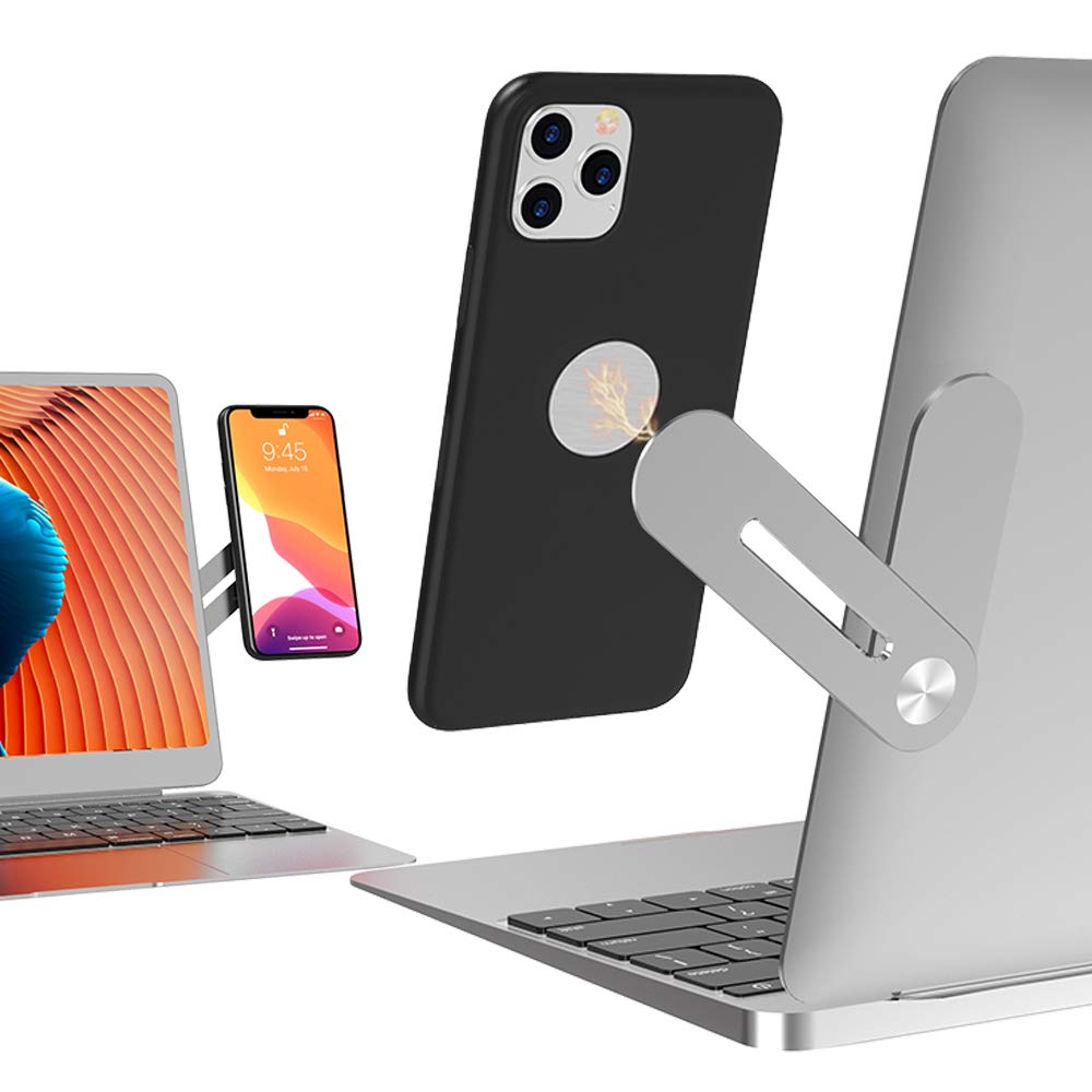 DK177 silver portable laptop and monitor side mount phone holder with foldable smartphone stand and expansion bracket for any phone.