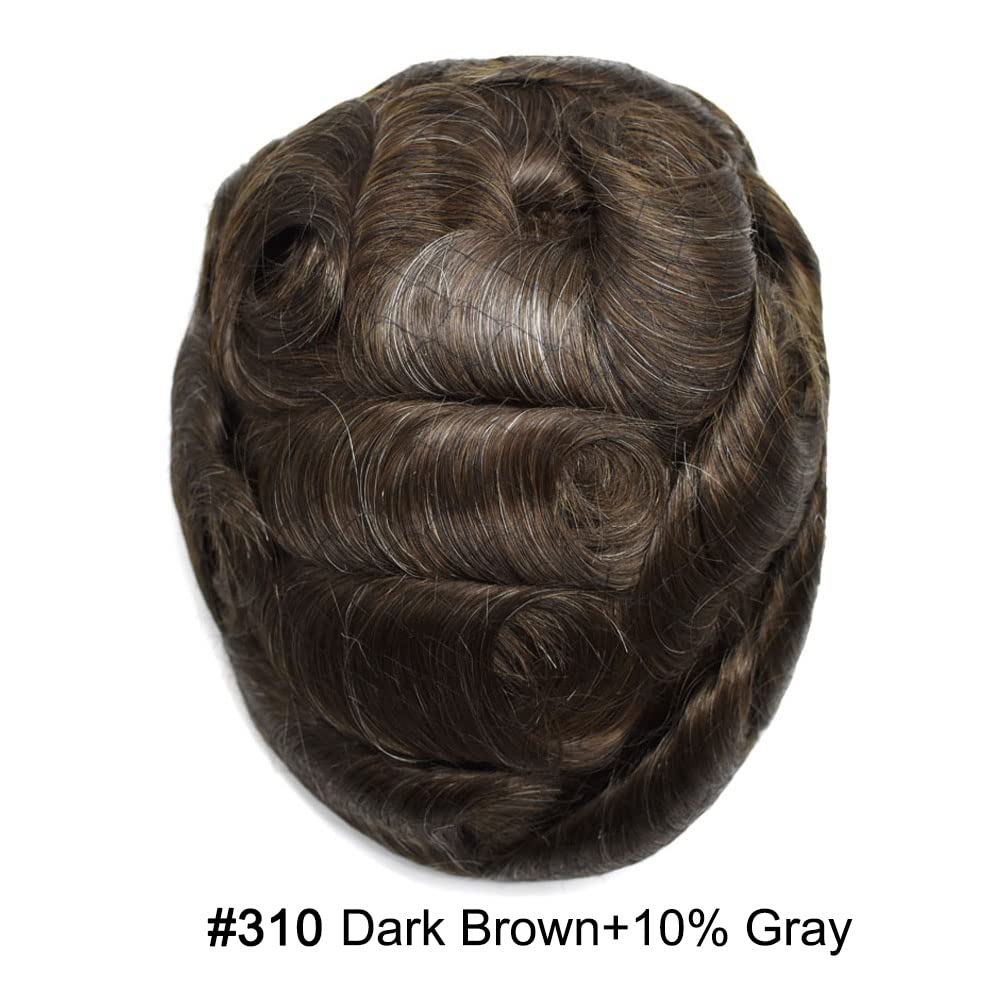 Curve Hair Mens Toupee Human Hair Piece Replacement System Monofilament Wig Hair Unit for Men Durable Poly Coated Mens Hairpiece (#310 Dark Brown+10% Gray, 6"X9")