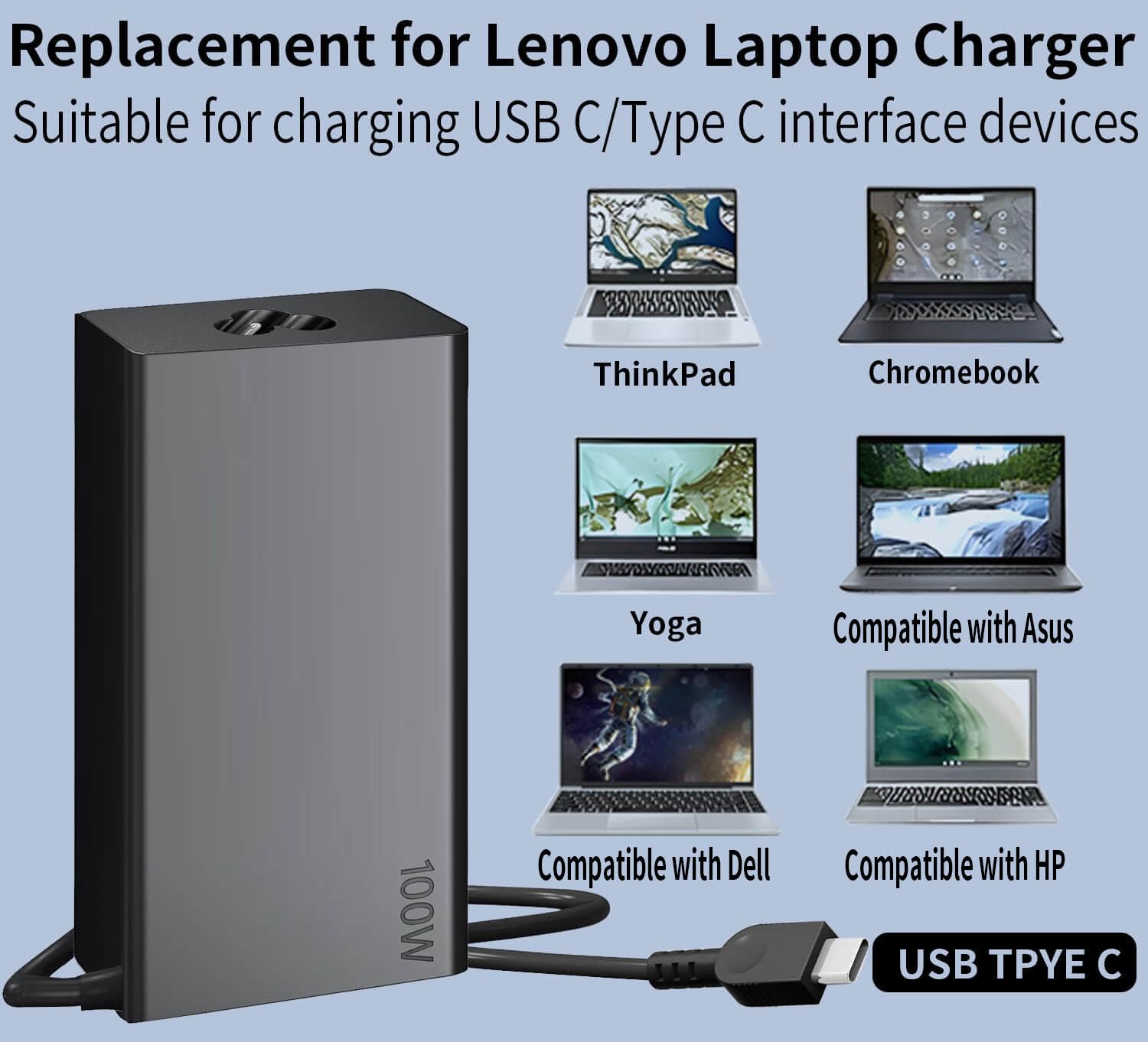 100W USB-C Laptop Charger for Lenovo — Slim & Fast