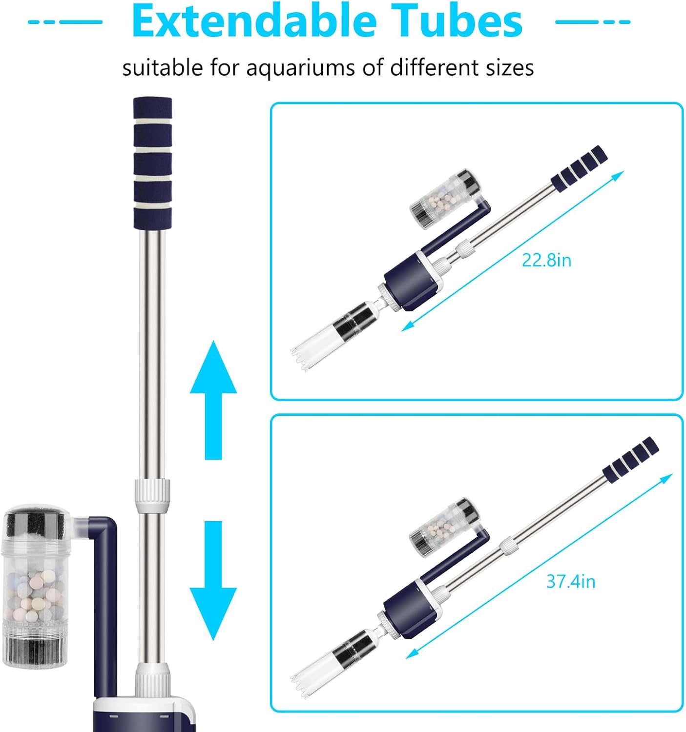 AQQA DC fish tank cleaner electric aquarium water changer with 6-in-1 cleaning tools, shown in a close-up view.