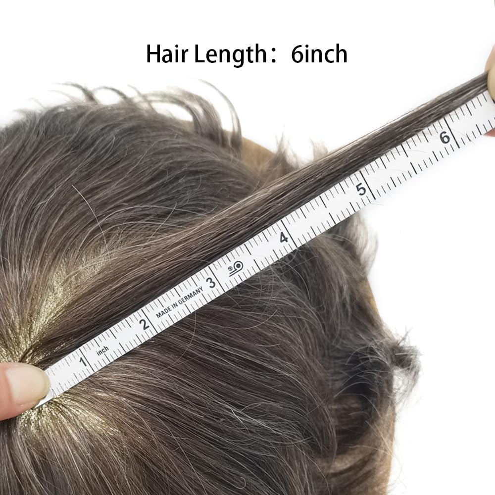 Curve Hair Mens Toupee Human Hair Piece Replacement System Monofilament Wig Hair Unit for Men Durable Poly Coated Mens Hairpiece (#550 Light-Med Brown+50% Gray, 7"X10")