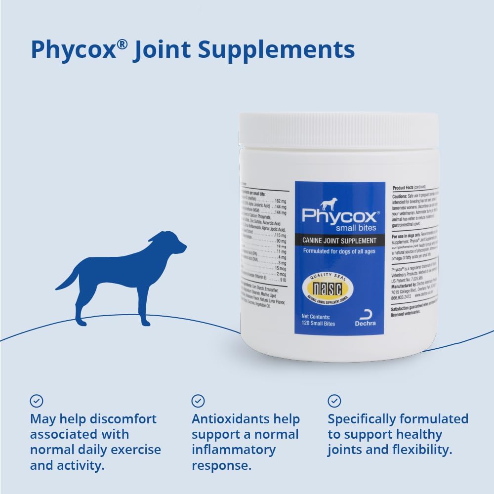Small Bites joint supplement for dogs by PhyCox in a 120-count container, featuring chewable tablets for joint support.