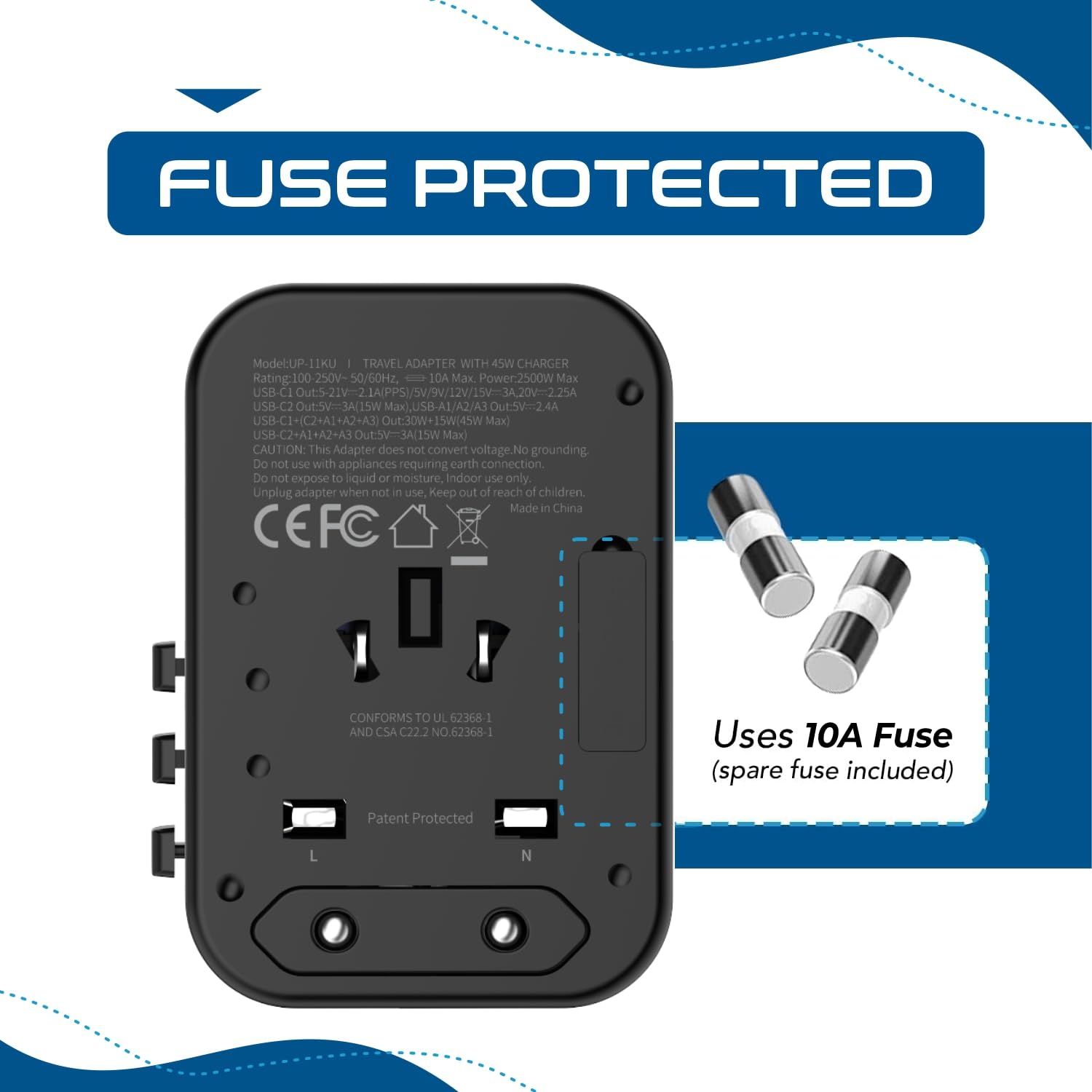 Ceptics 45W Universal Travel Adapter w/ 3 USB-A, 2 USB-C & Univer - Ceptics Official Product View 9
