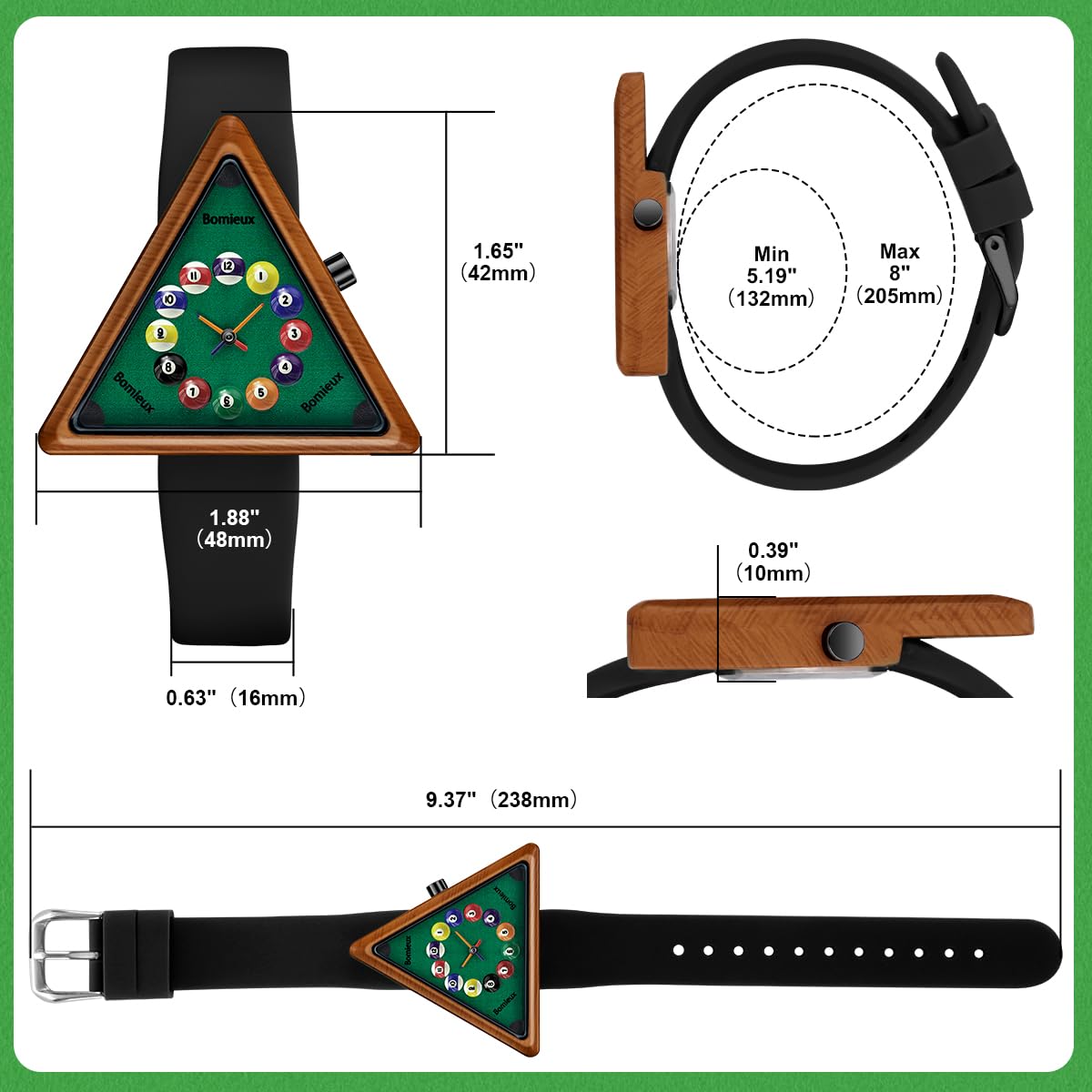 Bomieux Billiards-Inspired Analog Watch, Triangular Dial, for Men and - View 7