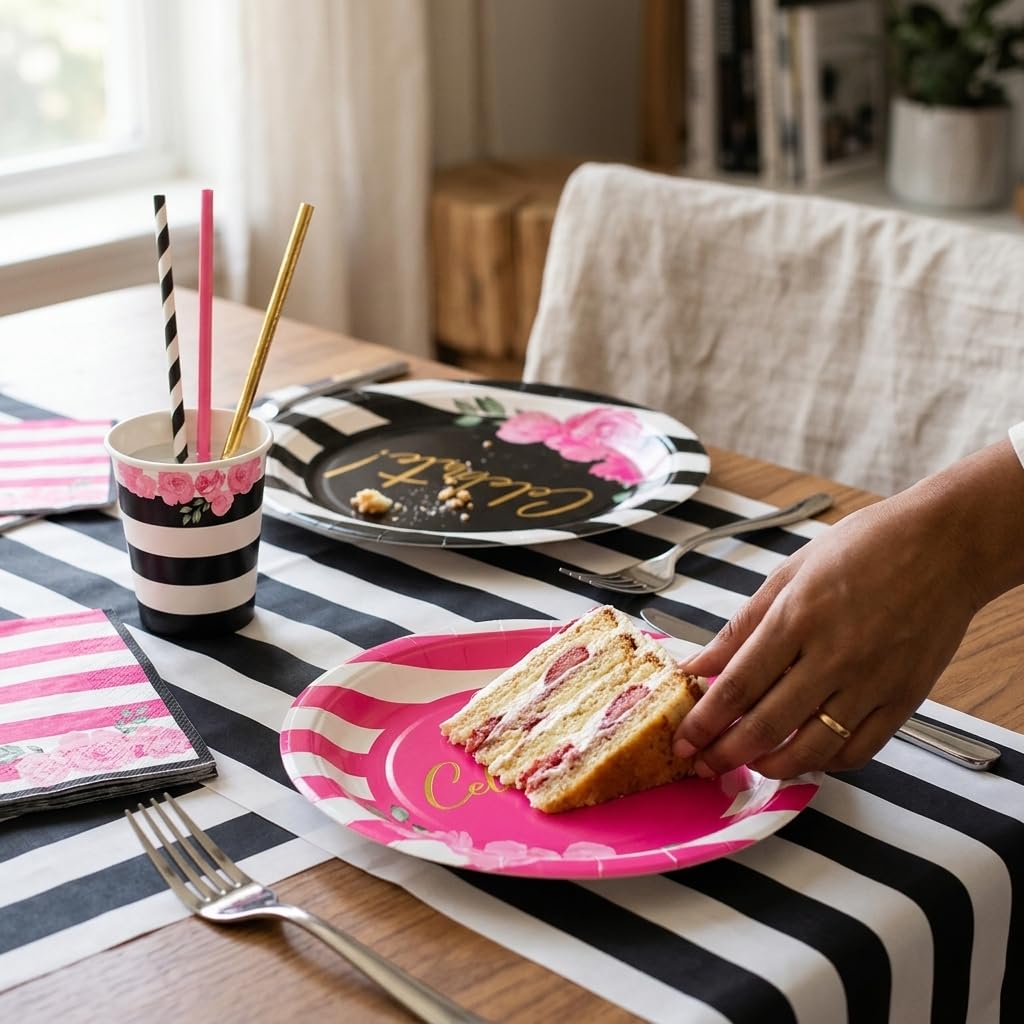 121 Pc Black and Pink Birthday Decorations Tableware Set - RainMeadow Official Imagery - 4