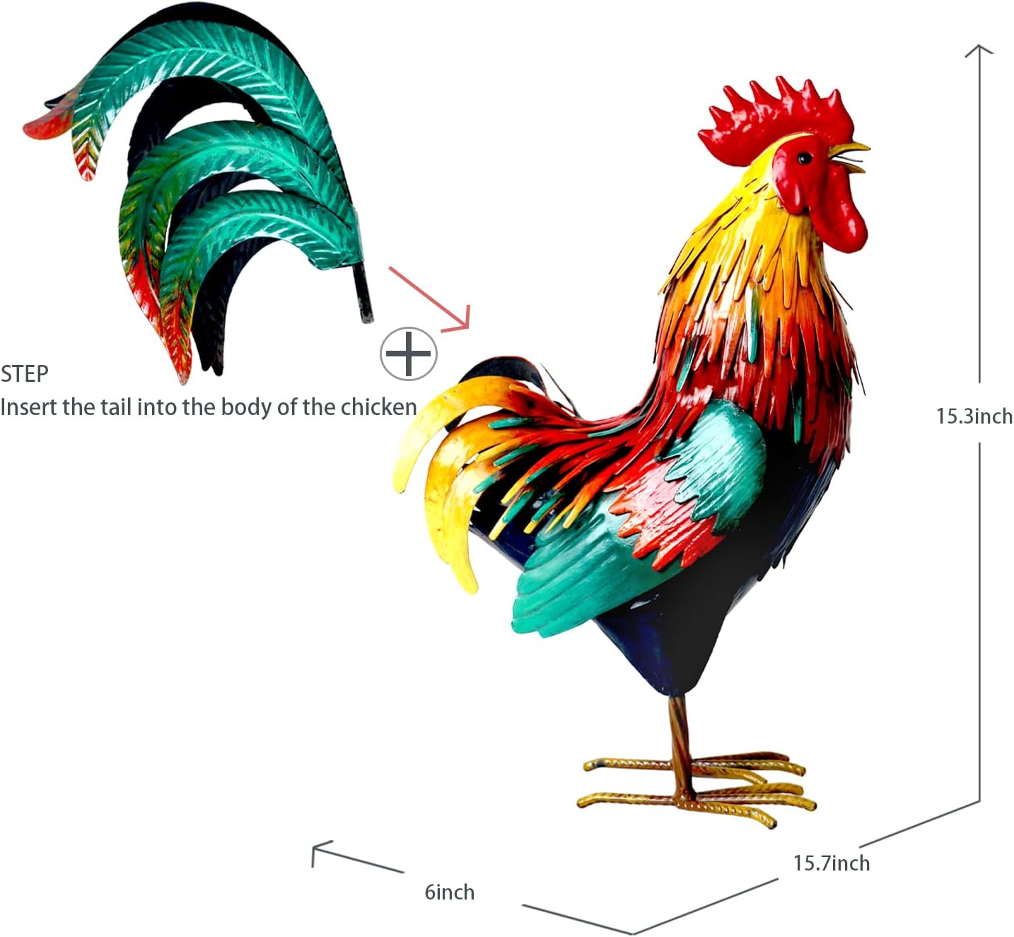 Kircust metal rooster garden statue, outdoor yard decor, decorative chicken sculpture for lawn or garden display