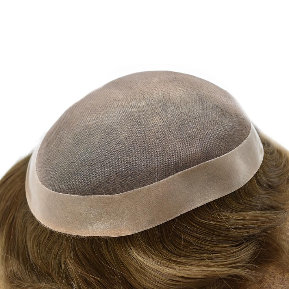 Curve Hair Mens Toupee Human Hair Piece Replacement System Monofilament Wig Hair Unit for Men Durable Poly Coated Mens Hairpiece (#710 Very Light Brown+10% Gray, 6"X9")