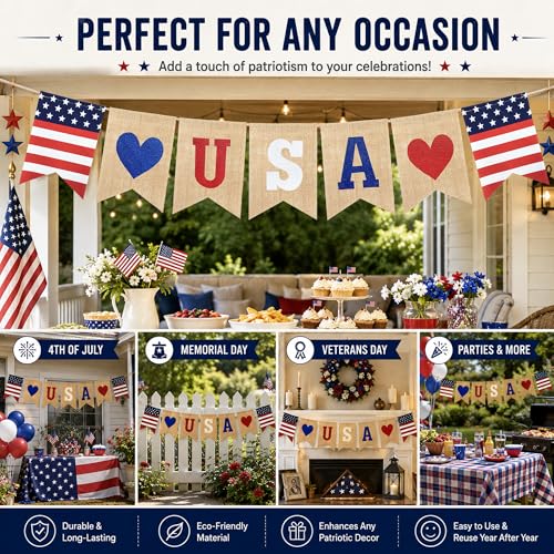 Uniwish USA Banner Burlap Bunting 4th of July Decorations - Product Imagery