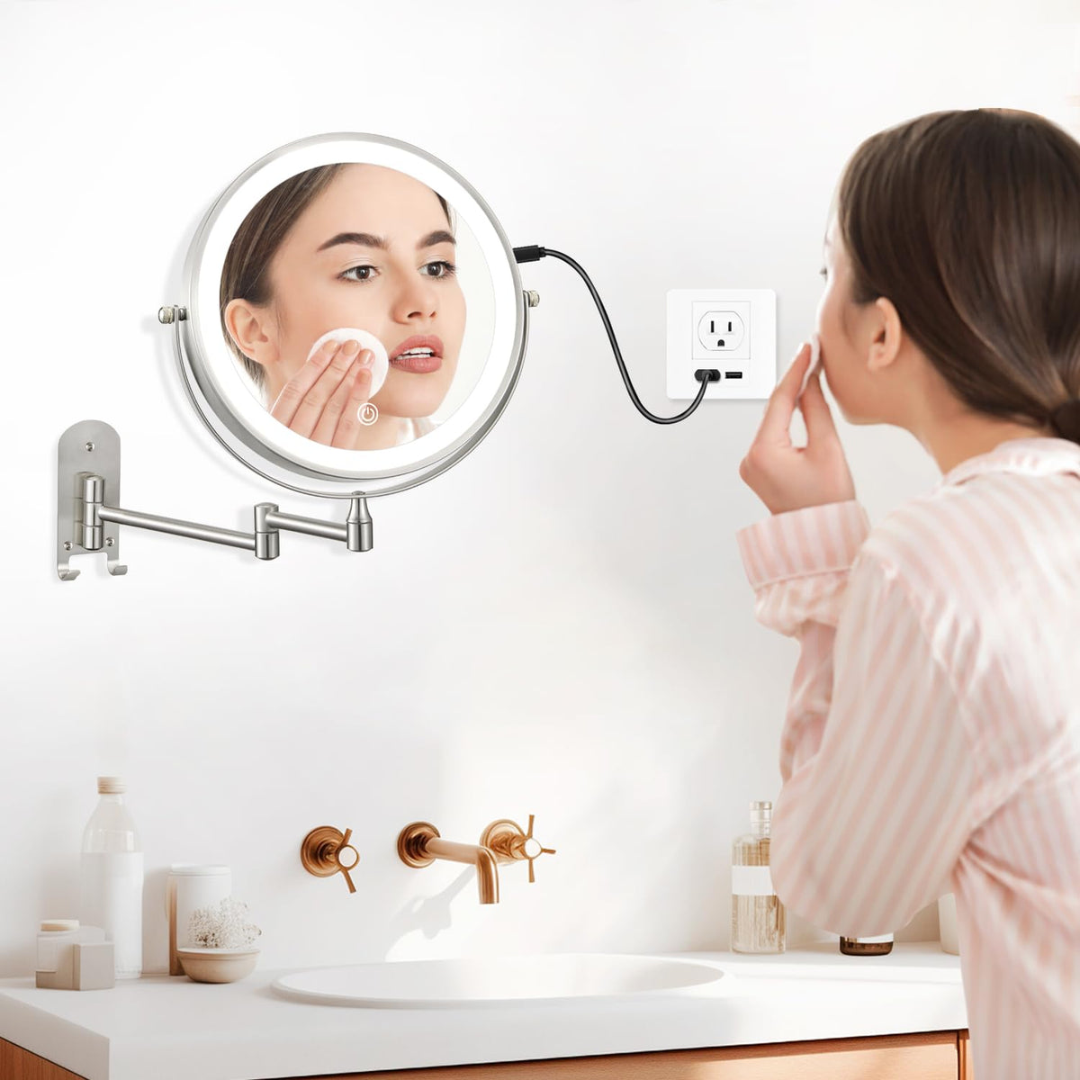 9 Wall Mounted Lighted Makeup Mirror Rechargeable 1X 15X - ALHAKIN Official Imagery - 3
