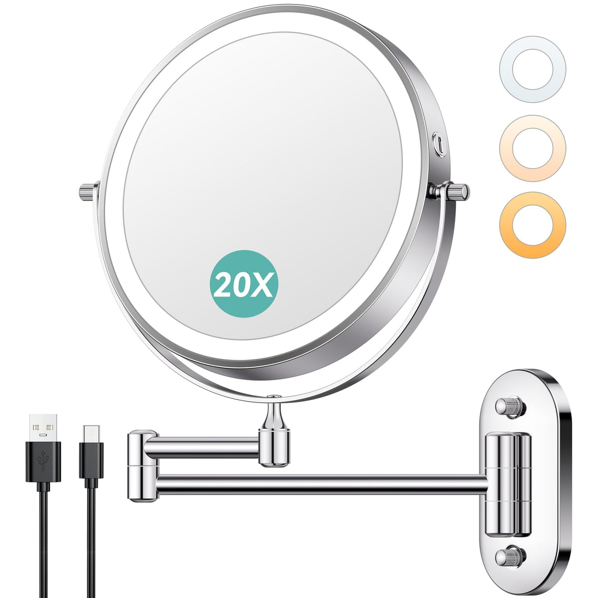 Auxmir 1X 20X Wall Mounted Makeup Mirror 8 Rechargeable - Auxmir Official Imagery - 1