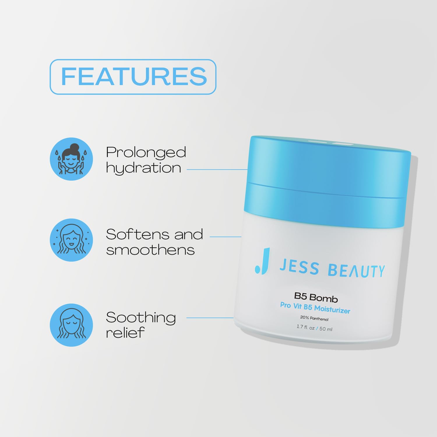 JESS BEAUTY | B5 Bomb Moisturizer | 20% Panthenol Face Cream for Deep Hydration, Strengthens Skin Barrier & Soothing Relief | Lightweight, with Hyaluronic Acid & Vitamin E | Korean Skincare 1.7 fl oz - JESS BEAUTY Official Product View 4