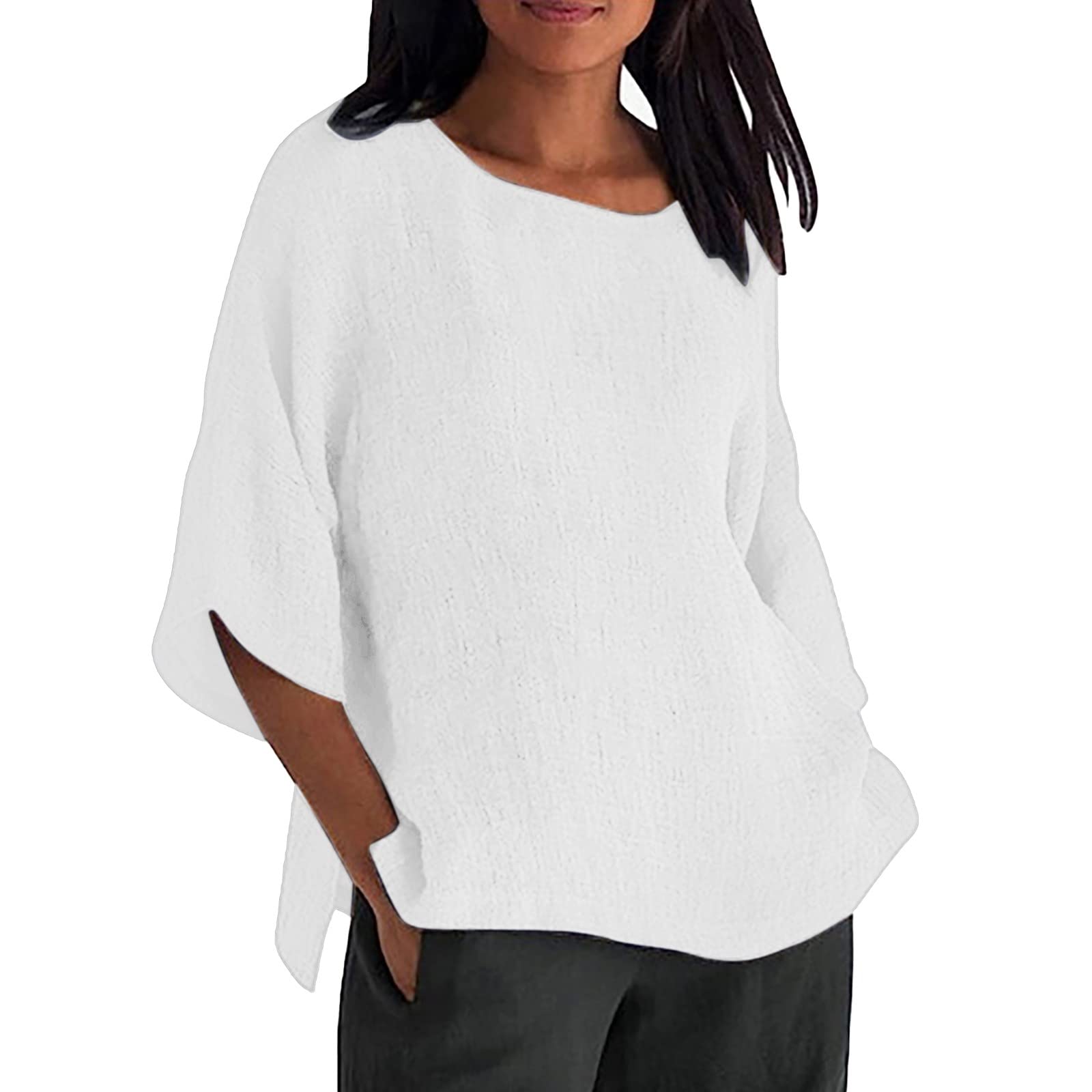 Linen Shirts for Women 2025 Summer Basic Solid Color 3/4 Sleeve Tunic - View 1