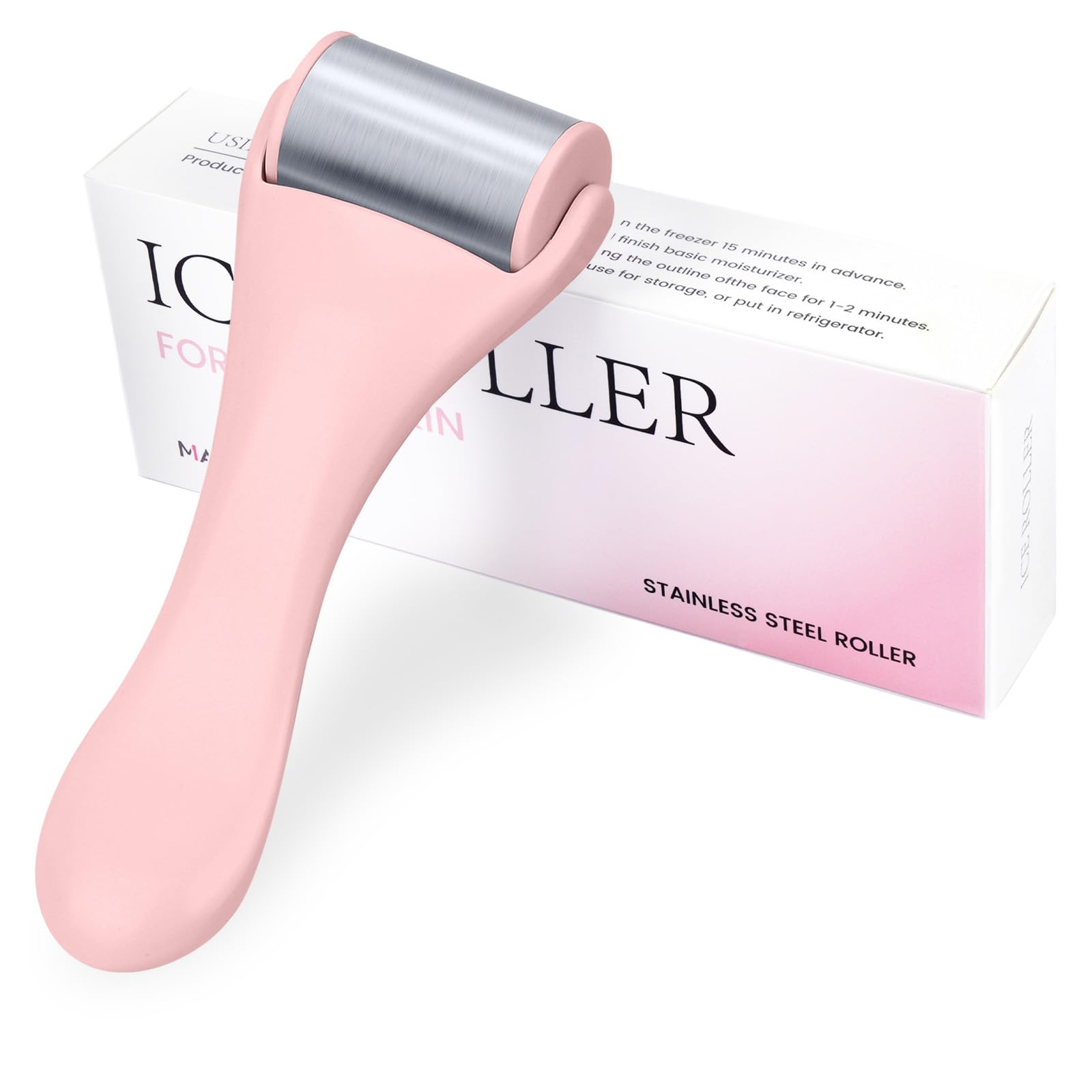 Pink MAANGE stainless steel face ice roller for beauty, showing the roller with a pink handle and textured surface for skincare.