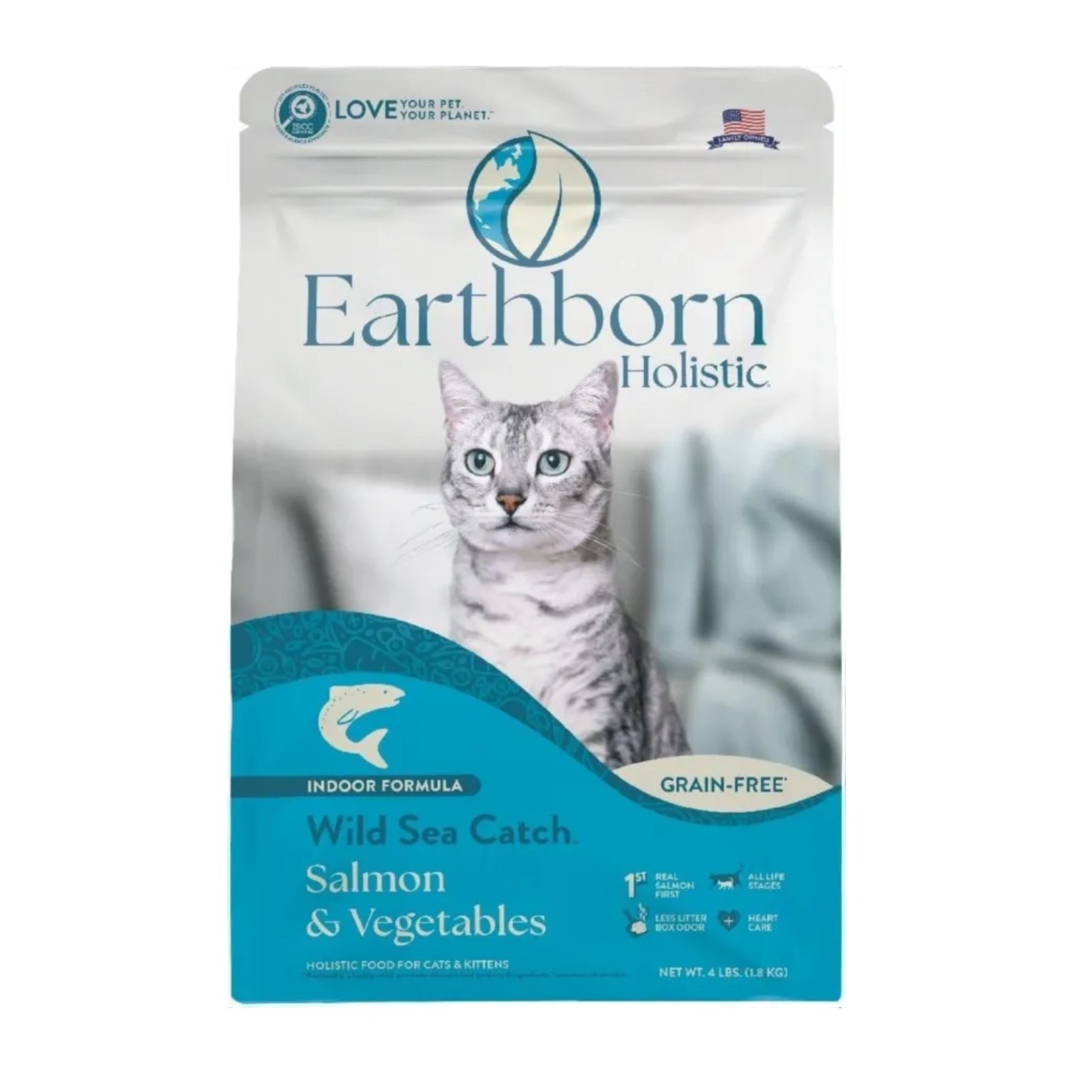 Earthborn Holistic Wild Sea Catch grain-free dry cat food bag, 12.5 lb, featuring fish and natural ingredients for cats.