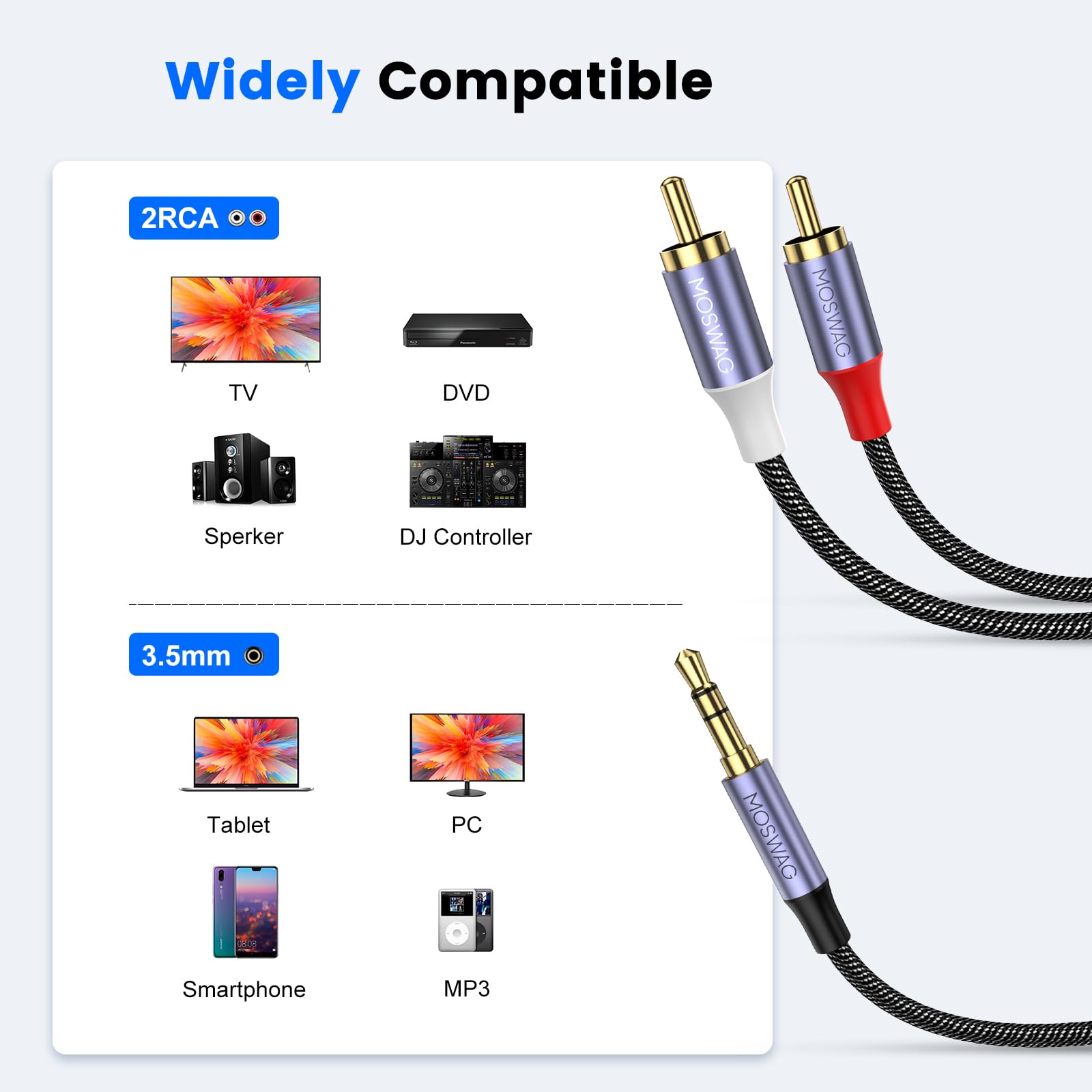 MOSWAG 3.5mm to RCA Cable Headphone to RCA Cable AUX to RCA Audio by MOSWAG - Angle View 3